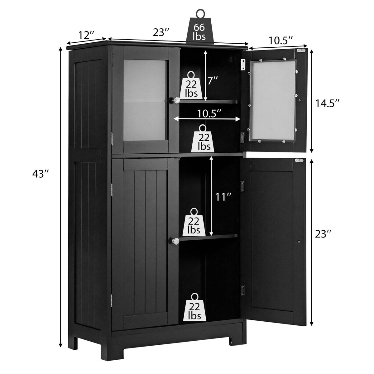 Black 4-Door Floor Storage Cabinet with Glass Doors & Shelf-Floor Cabinets-DECOROLALA