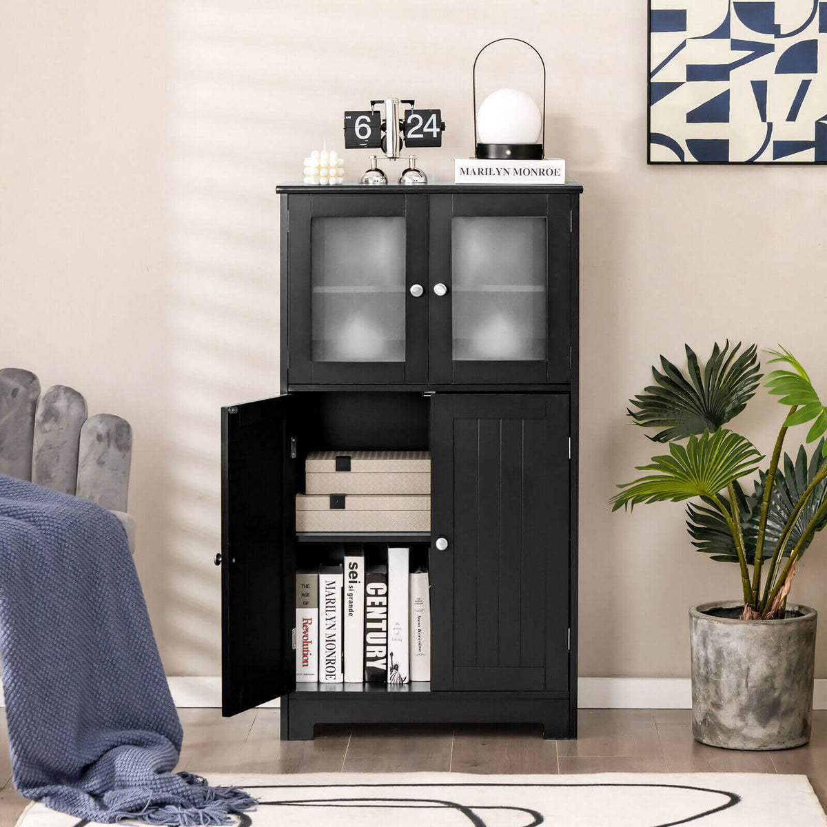 Black 4-Door Floor Storage Cabinet with Glass Doors & Shelf-Floor Cabinets-DECOROLALA
