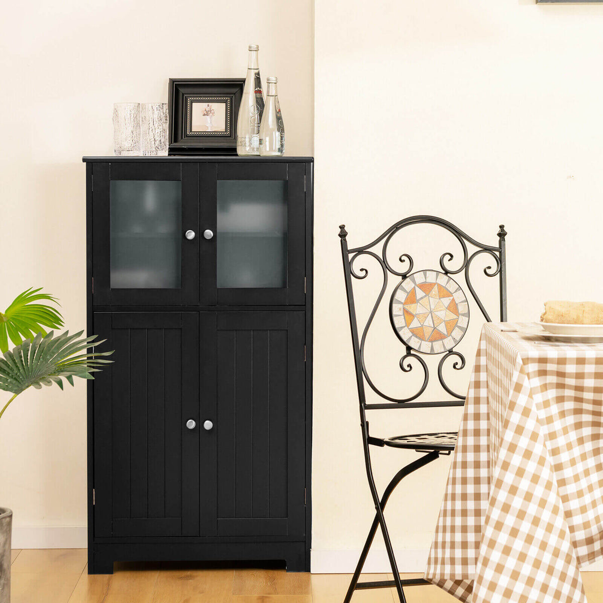 Black 4-Door Floor Storage Cabinet with Glass Doors & Shelf-Floor Cabinets-DECOROLALA