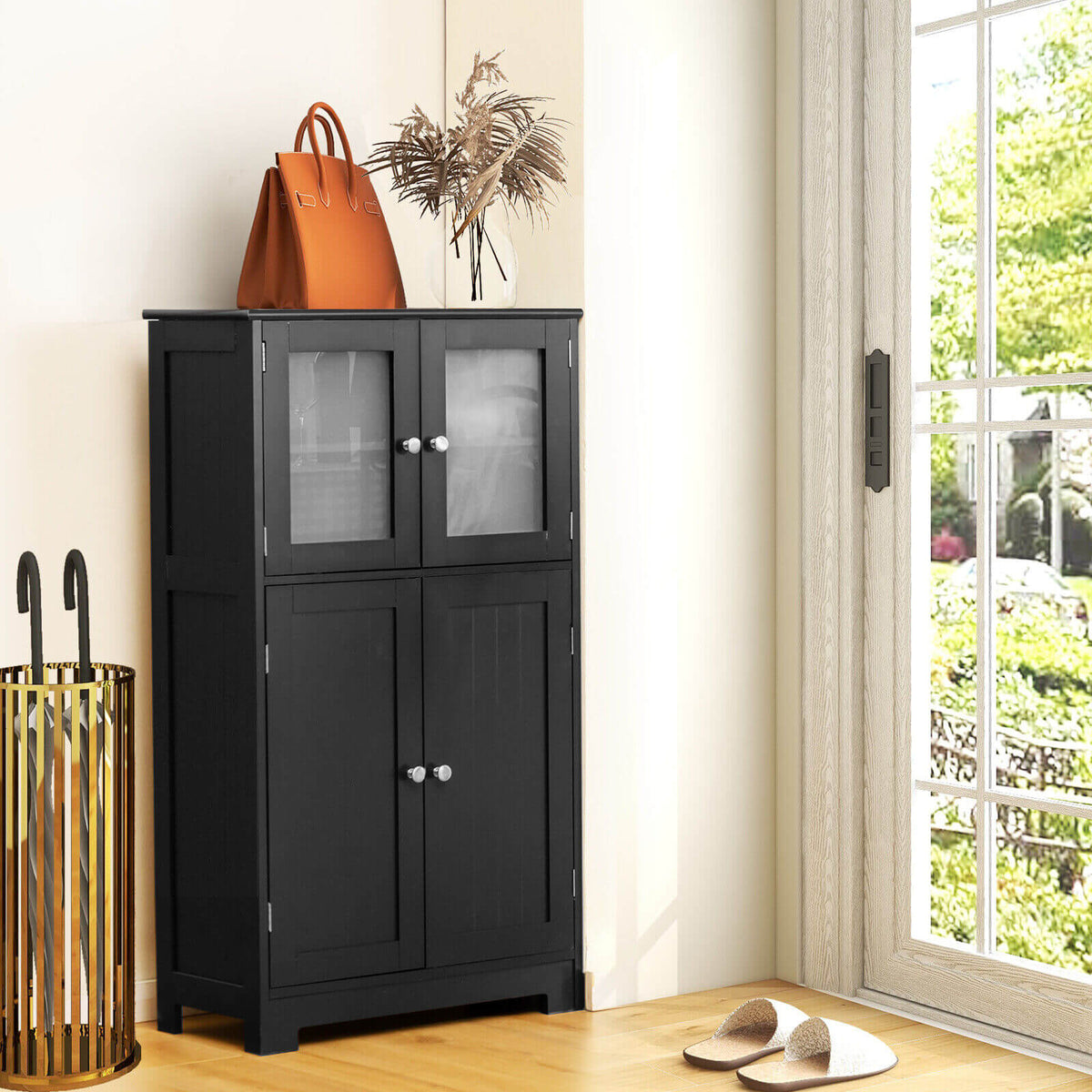 Black 4-Door Floor Storage Cabinet with Glass Doors & Shelf-Floor Cabinets-DECOROLALA