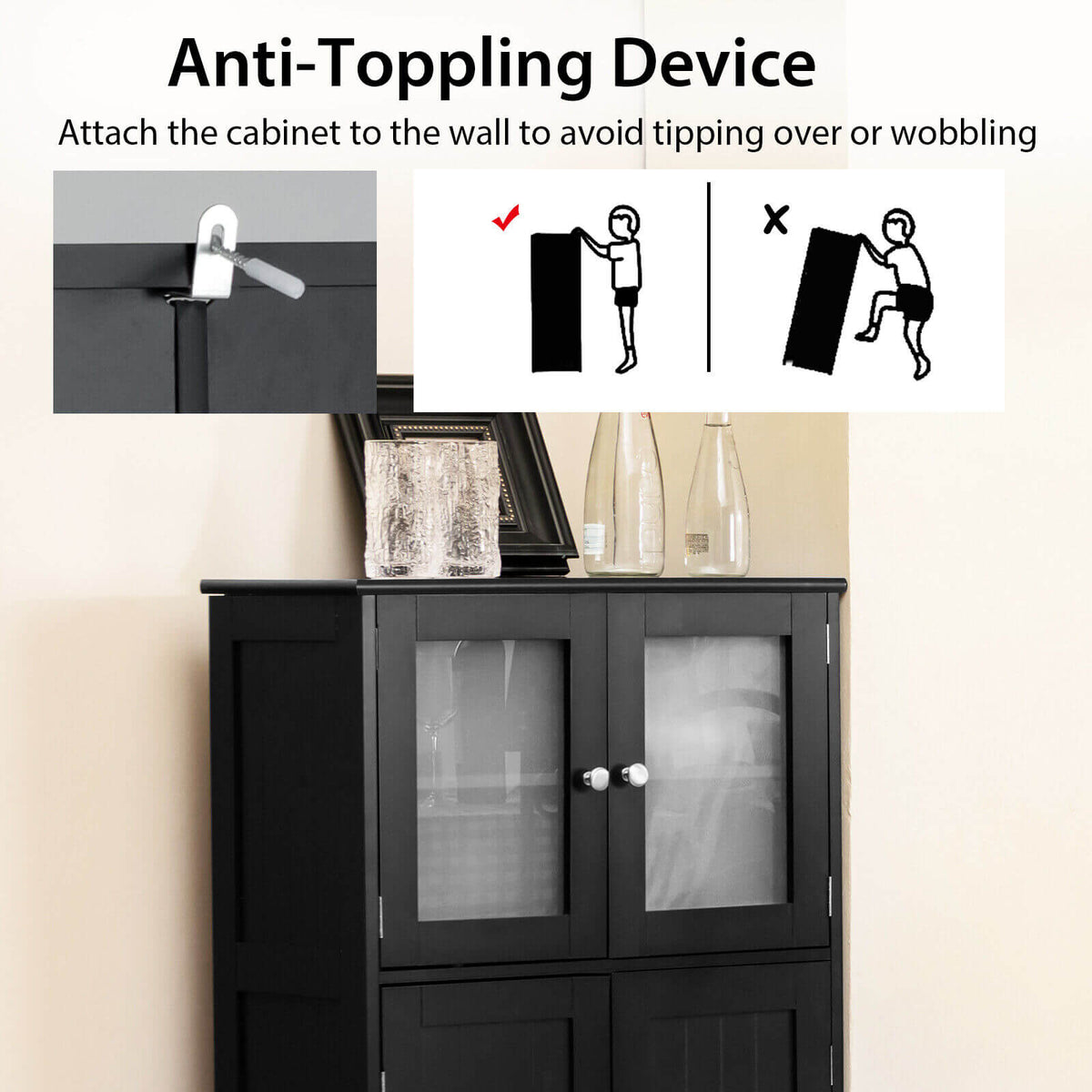 Black 4-Door Floor Storage Cabinet with Glass Doors & Shelf-Floor Cabinets-DECOROLALA