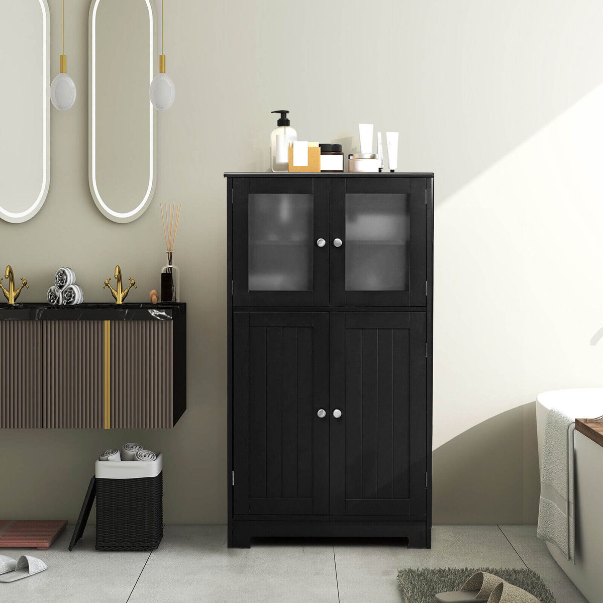 Black 4-Door Floor Storage Cabinet with Glass Doors & Shelf-Floor Cabinets-DECOROLALA