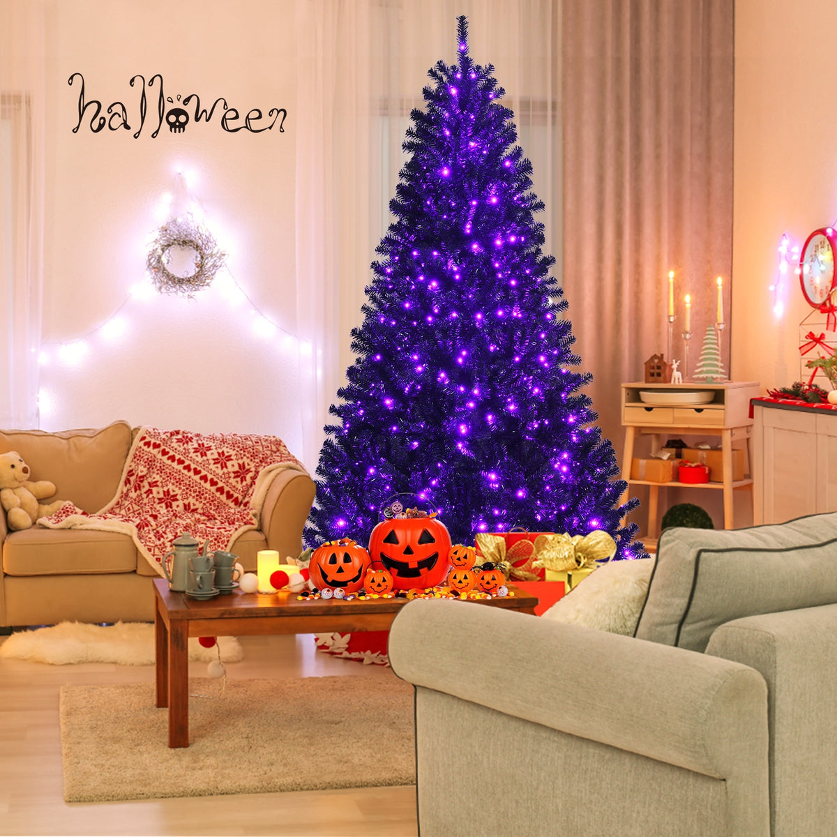 Black Artificial Christmas Halloween Tree with Purple LED Lights 7'-Halloween-DECOROLALA
