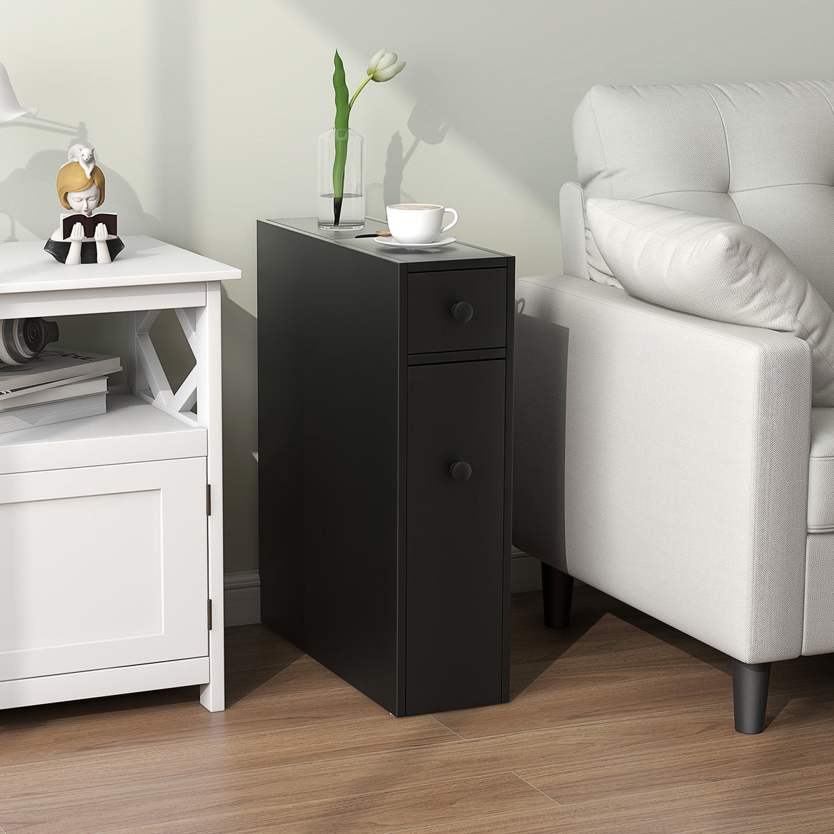 Black Bathroom Cabinet - Slim MDF Floor Storage Organizer - 19"-Bathroom Floor Cabinets-DECOROLALA
