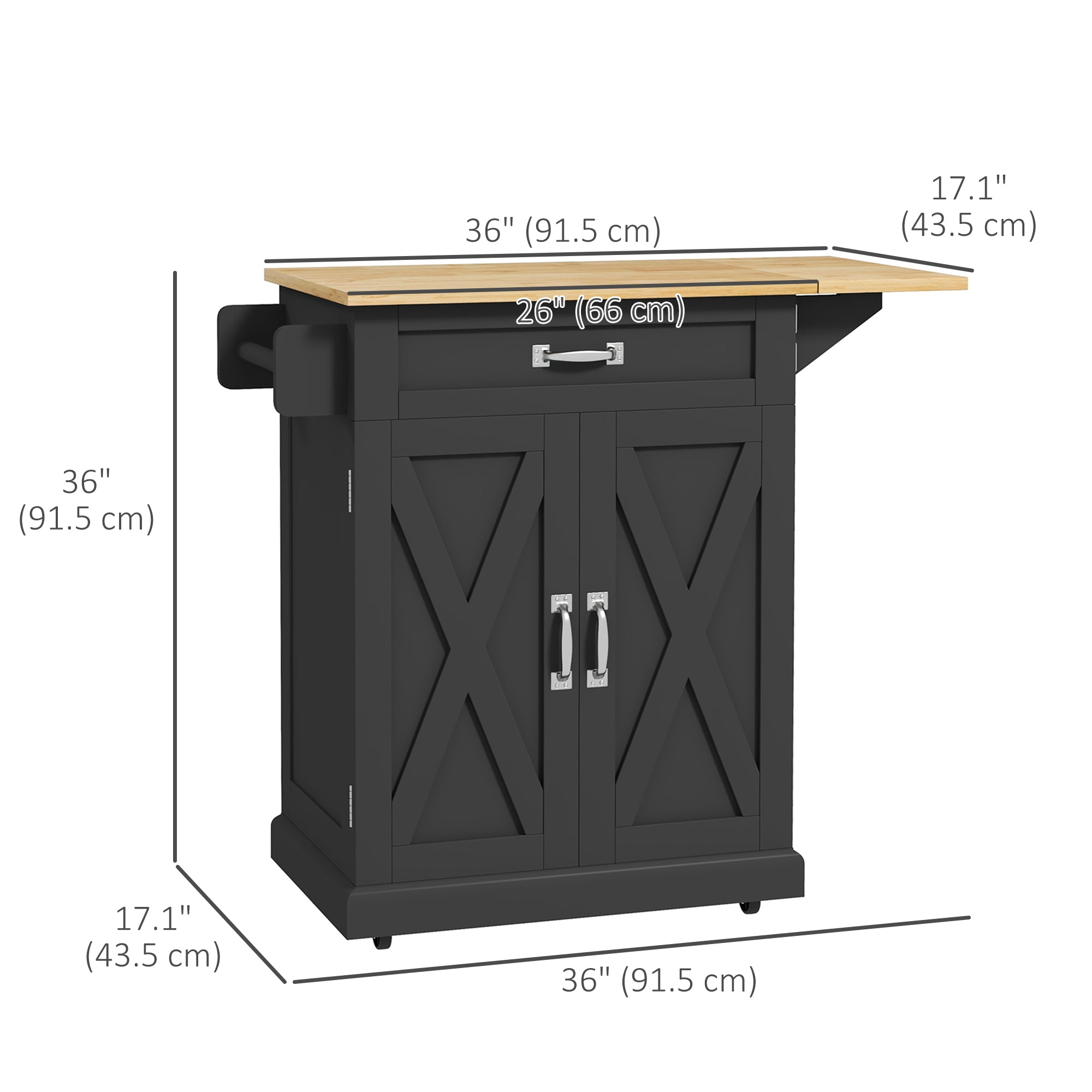 Black Farmhouse Rolling Kitchen Island with Drop-Leaf Wood Top-DECOROLALA