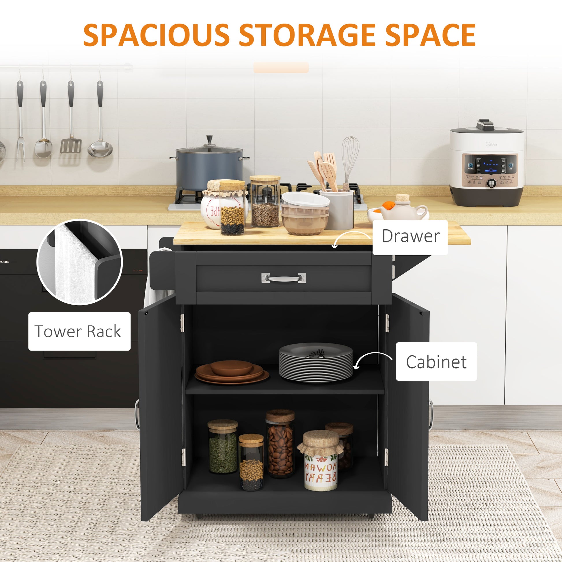 Black Farmhouse Rolling Kitchen Island with Drop-Leaf Wood Top-DECOROLALA