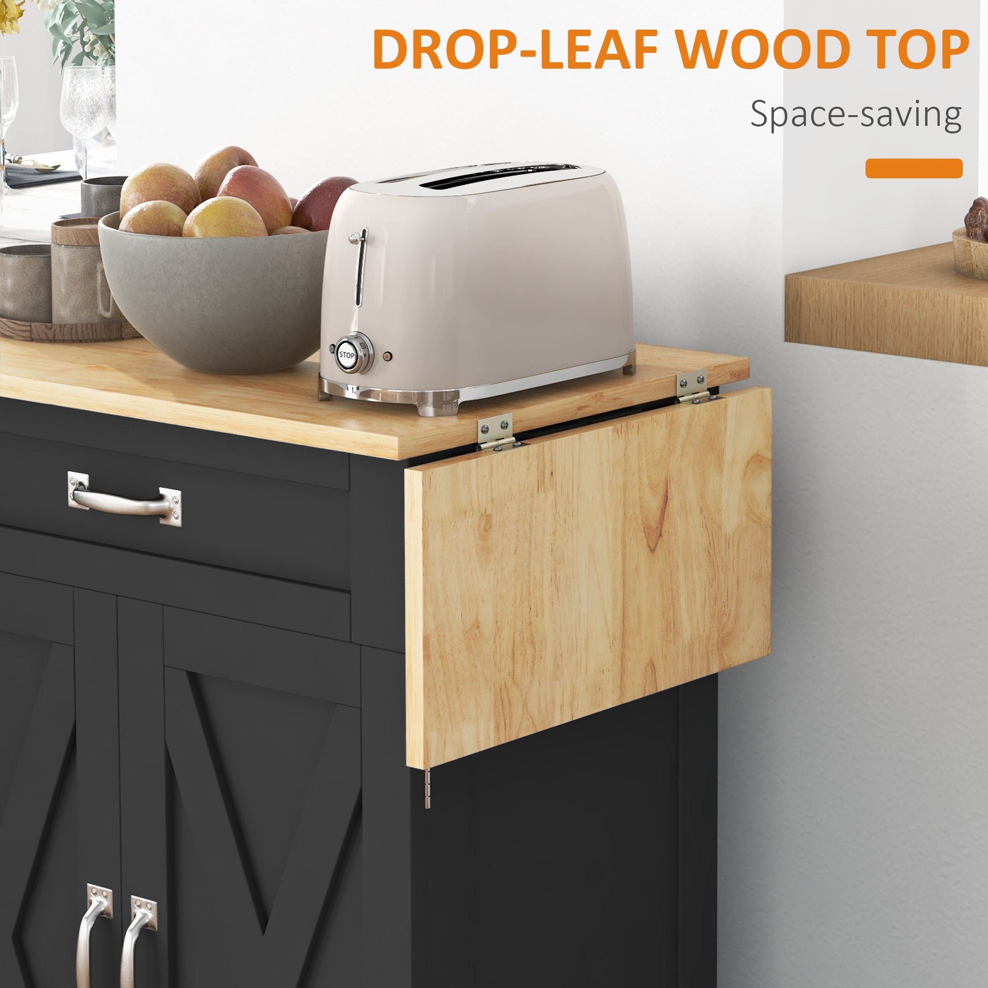 Black Farmhouse Rolling Kitchen Island with Drop-Leaf Wood Top-DECOROLALA