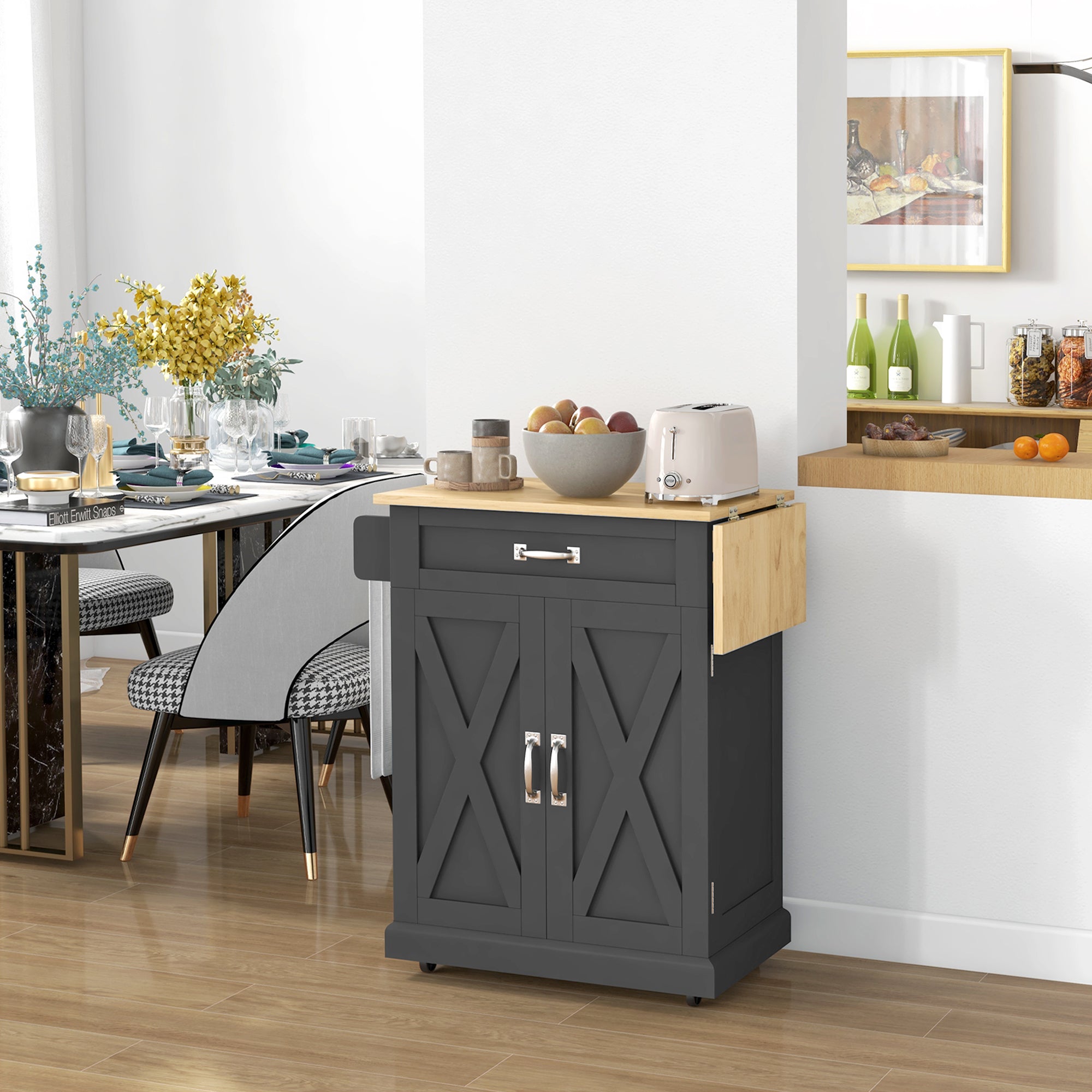 Black Farmhouse Rolling Kitchen Island with Drop-Leaf Wood Top-DECOROLALA