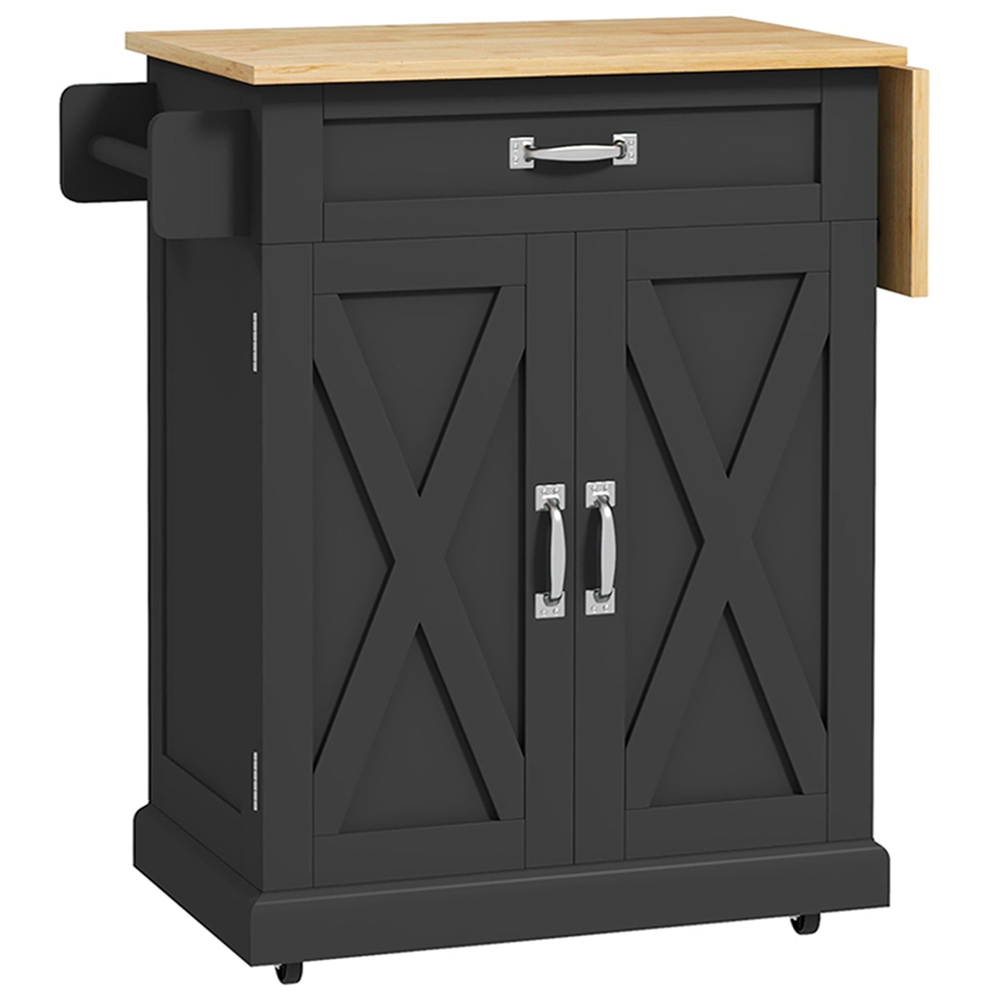 Black Farmhouse Rolling Kitchen Island with Drop-Leaf Wood Top-DECOROLALA
