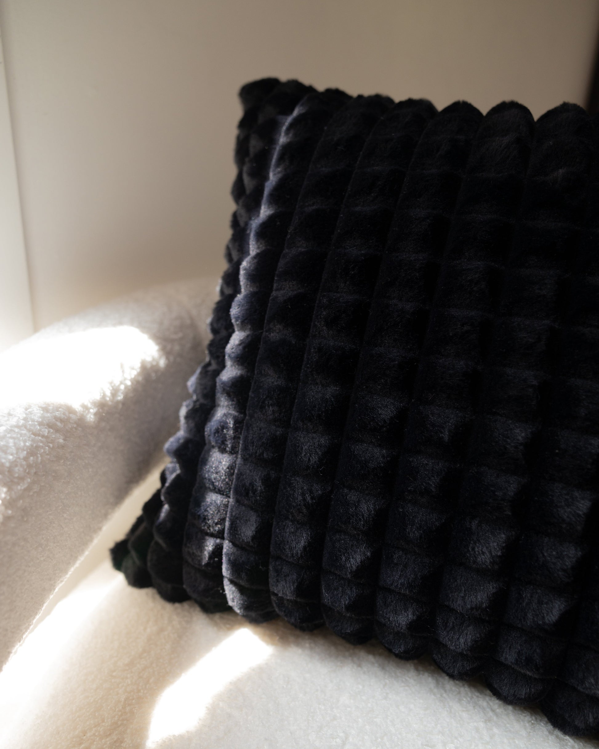 Black Faux Fur Textured Pillow 20"x 20"-Decorative Cushions-DECOROLALA