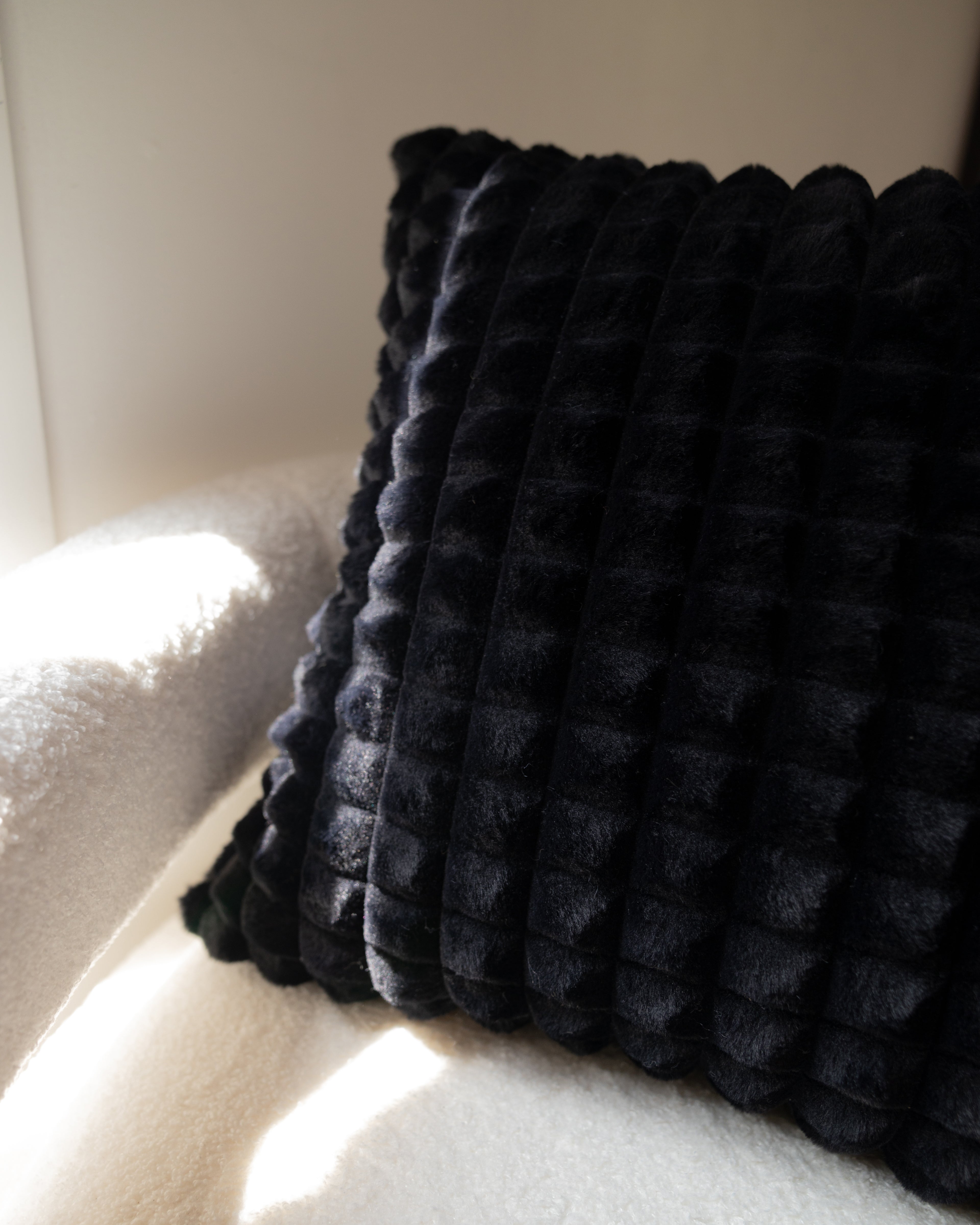Black Faux Fur Textured Pillow 20"x 20"-Decorative Cushions-DECOROLALA
