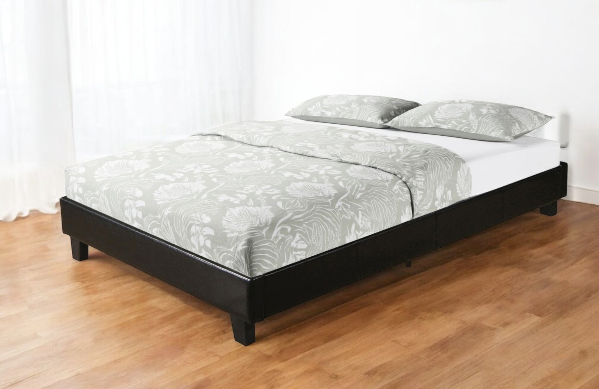 Black Faux Leather Queen Bed Frame-Standard Beds-DECOROLALA