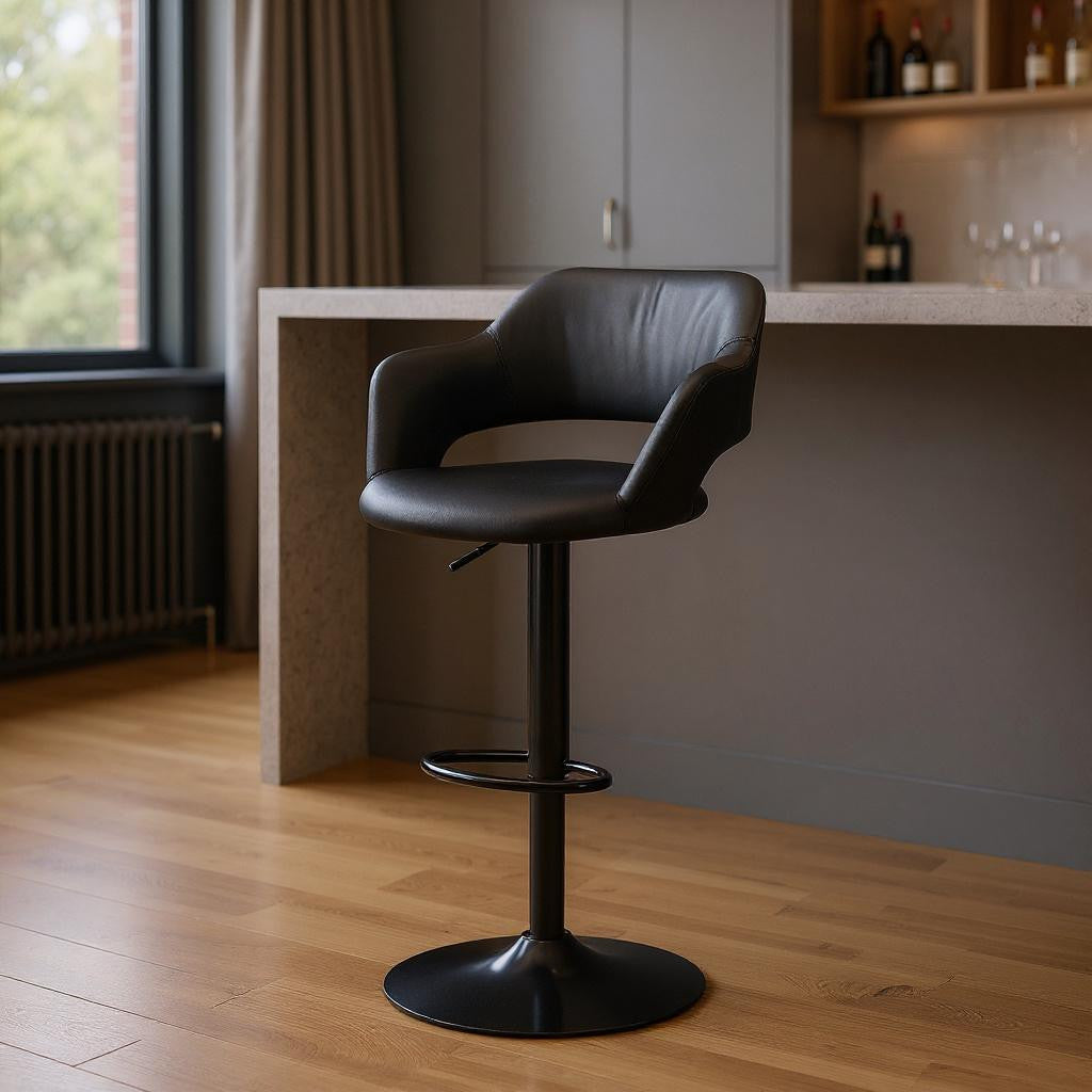 Black Faux Leather and Metal Low Back Adjustable Height Swivel Bar Chair-Bar Chairs-DECOROLALA