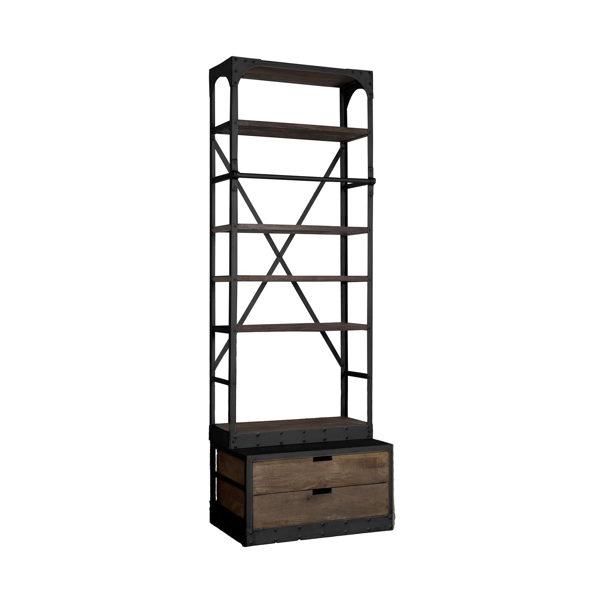 Black Iron and Solid Wood Five Tier Bookcase with Two Drawers-Bookcases-DECOROLALA