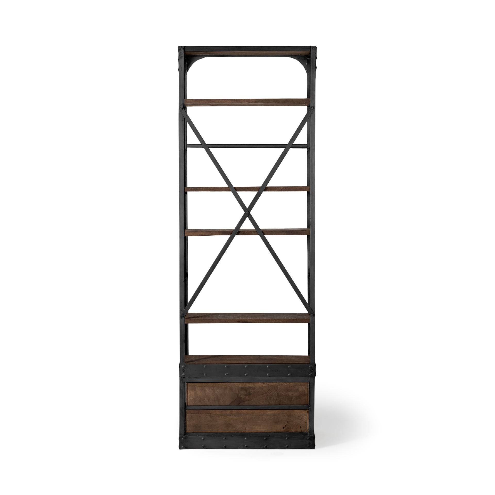 Black Iron and Solid Wood Five Tier Bookcase with Two Drawers-Bookcases-DECOROLALA
