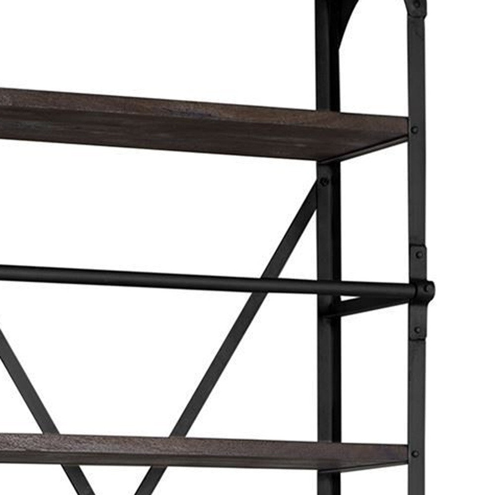 Black Iron and Solid Wood Five Tier Bookcase with Two Drawers-Bookcases-DECOROLALA