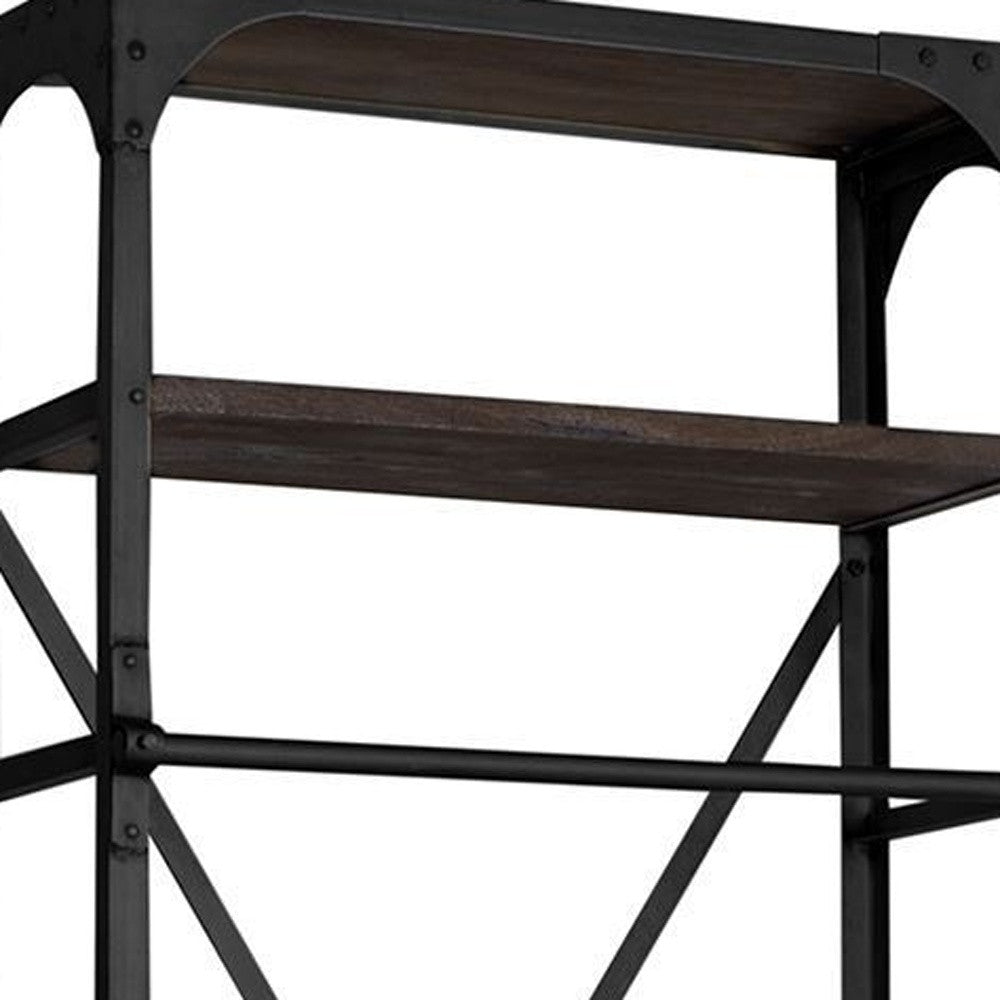 Black Iron and Solid Wood Five Tier Bookcase with Two Drawers-Bookcases-DECOROLALA