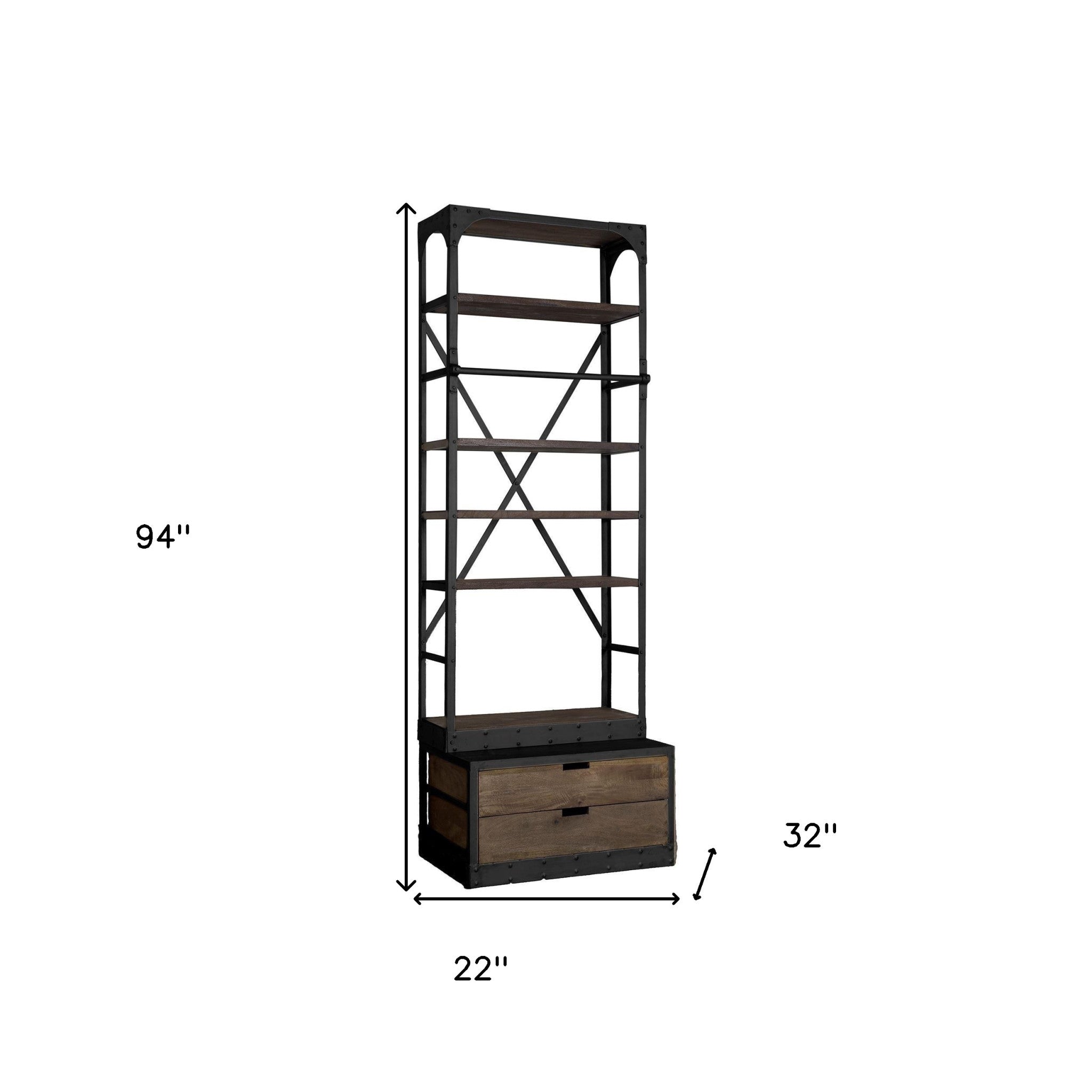 Black Iron and Solid Wood Five Tier Bookcase with Two Drawers-Bookcases-DECOROLALA