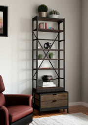 Black Iron and Solid Wood Five Tier Bookcase with Two Drawers-Bookcases-DECOROLALA