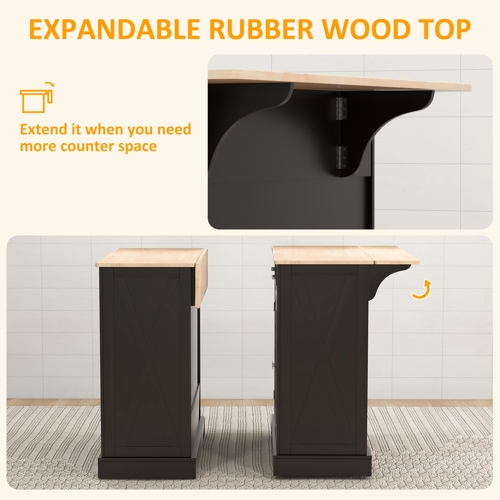 Black Kitchen Island with Drop Leaf - Rolling Cart Rubberwood Top-DECOROLALA