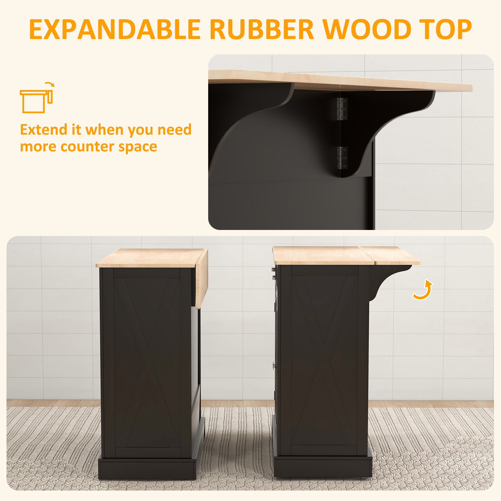 Black Kitchen Island with Drop Leaf - Rolling Cart Rubberwood Top-DECOROLALA