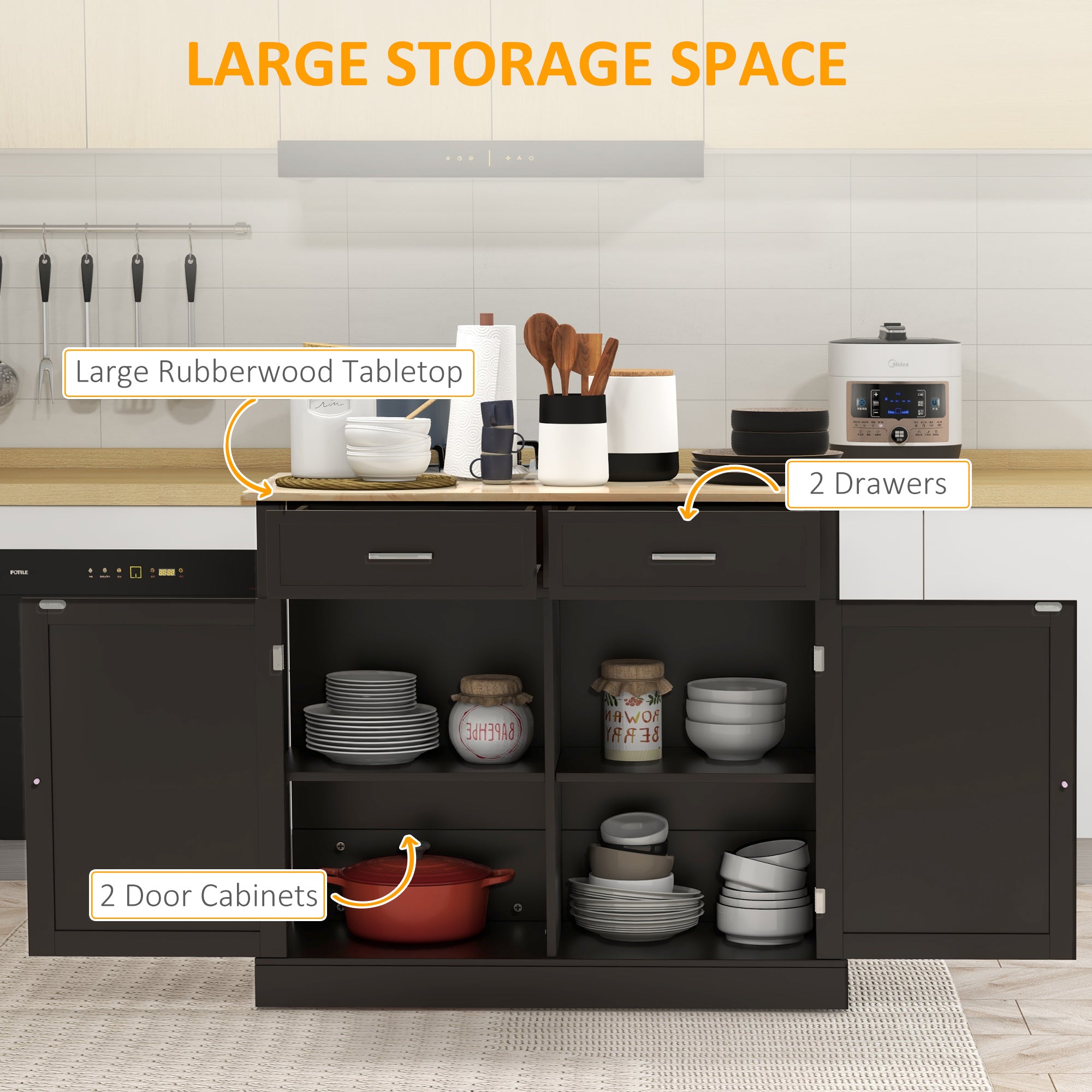 Black Kitchen Island with Drop Leaf - Rolling Cart Rubberwood Top-DECOROLALA