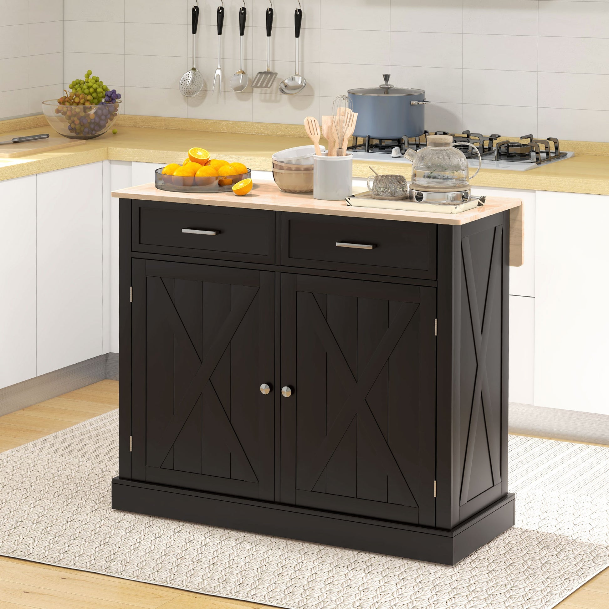 Black Kitchen Island with Drop Leaf - Rolling Cart Rubberwood Top-DECOROLALA