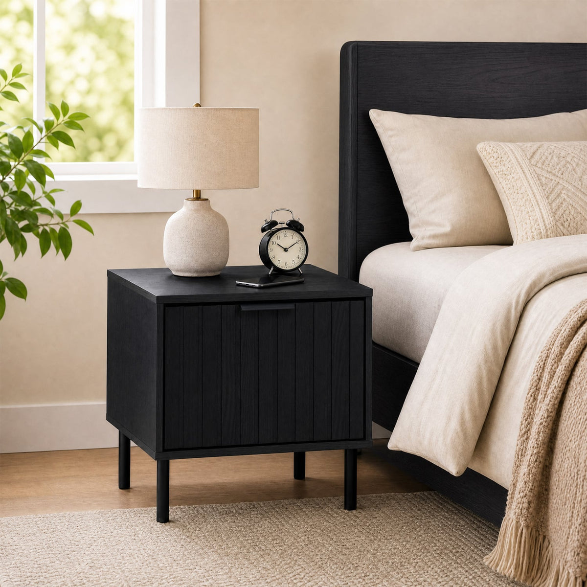 Black Modern Nightstand with Vertical-Striped Storage Drawer-Black-Nightstands-DECOROLALA