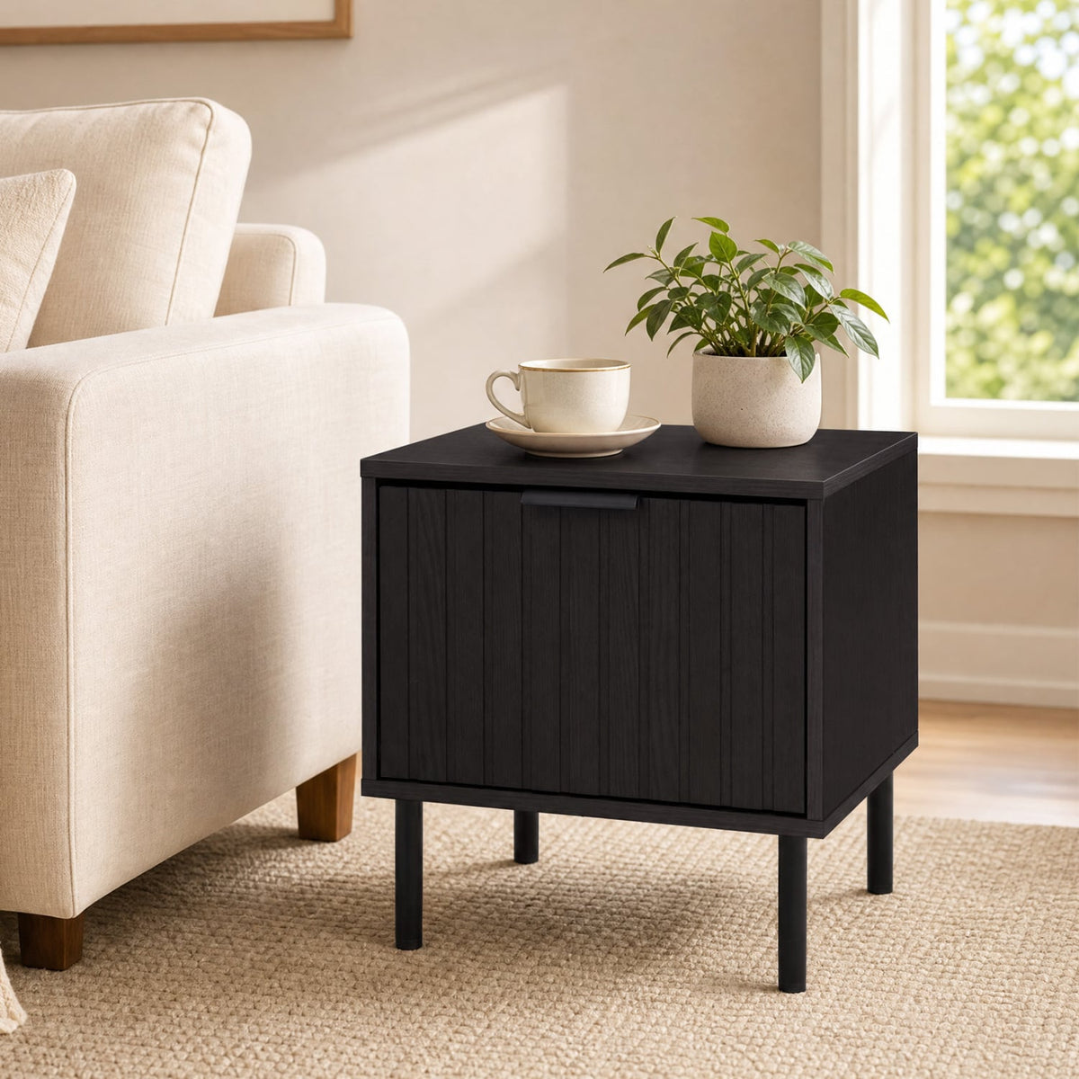 Black Modern Nightstand with Vertical-Striped Storage Drawer-Black-Nightstands-DECOROLALA