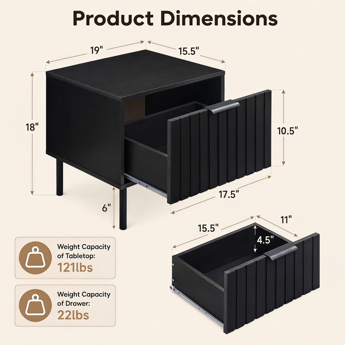 Black Modern Nightstand with Vertical-Striped Storage Drawer-Black-Nightstands-DECOROLALA