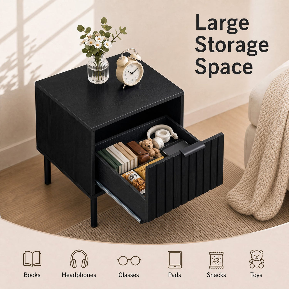 Black Modern Nightstand with Vertical-Striped Storage Drawer-Black-Nightstands-DECOROLALA