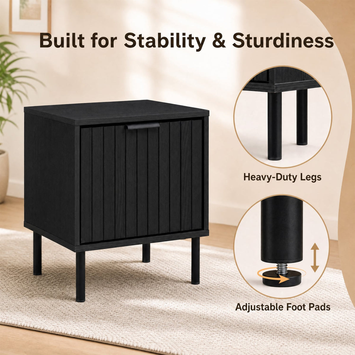 Black Modern Nightstand with Vertical-Striped Storage Drawer-Black-Nightstands-DECOROLALA