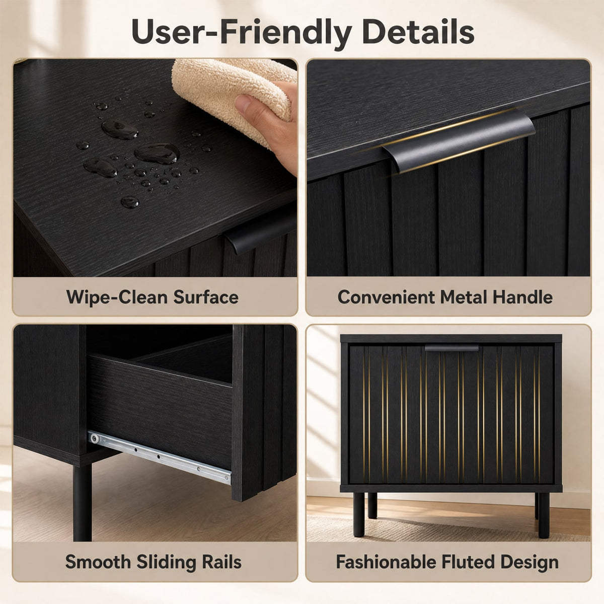 Black Modern Nightstand with Vertical-Striped Storage Drawer-Black-Nightstands-DECOROLALA