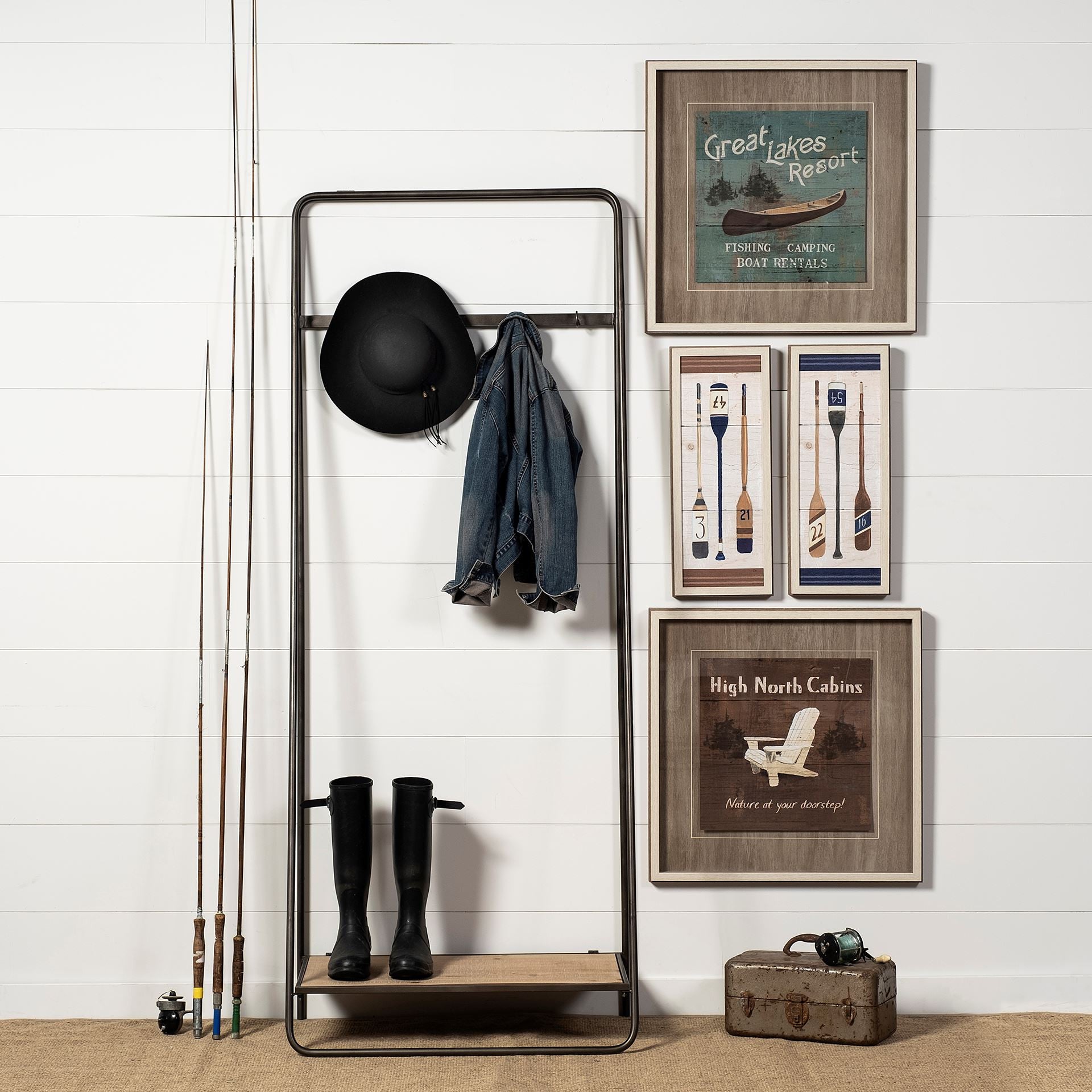 Black Pipe Metal And Wood Shelf Hall Tree-Coat Hangers-DECOROLALA