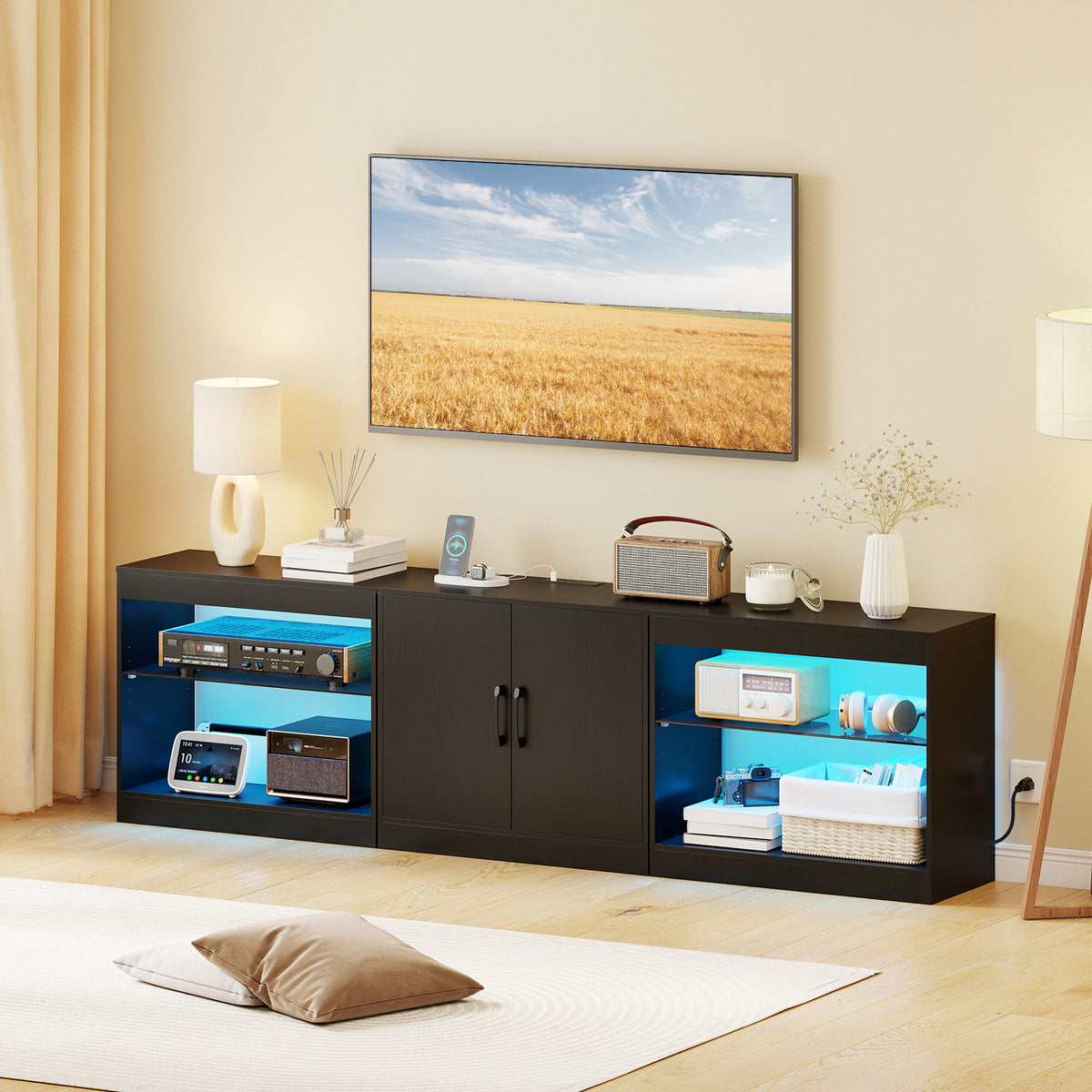Black TV Stand for TVs up to 85" with RGB LED & Power Outlets-Entertainment Centers & TV Stands-DECOROLALA