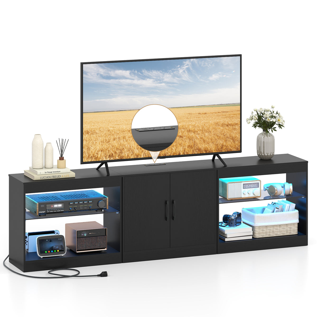 Black TV Stand for TVs up to 85" with RGB LED & Power Outlets-Entertainment Centers & TV Stands-DECOROLALA