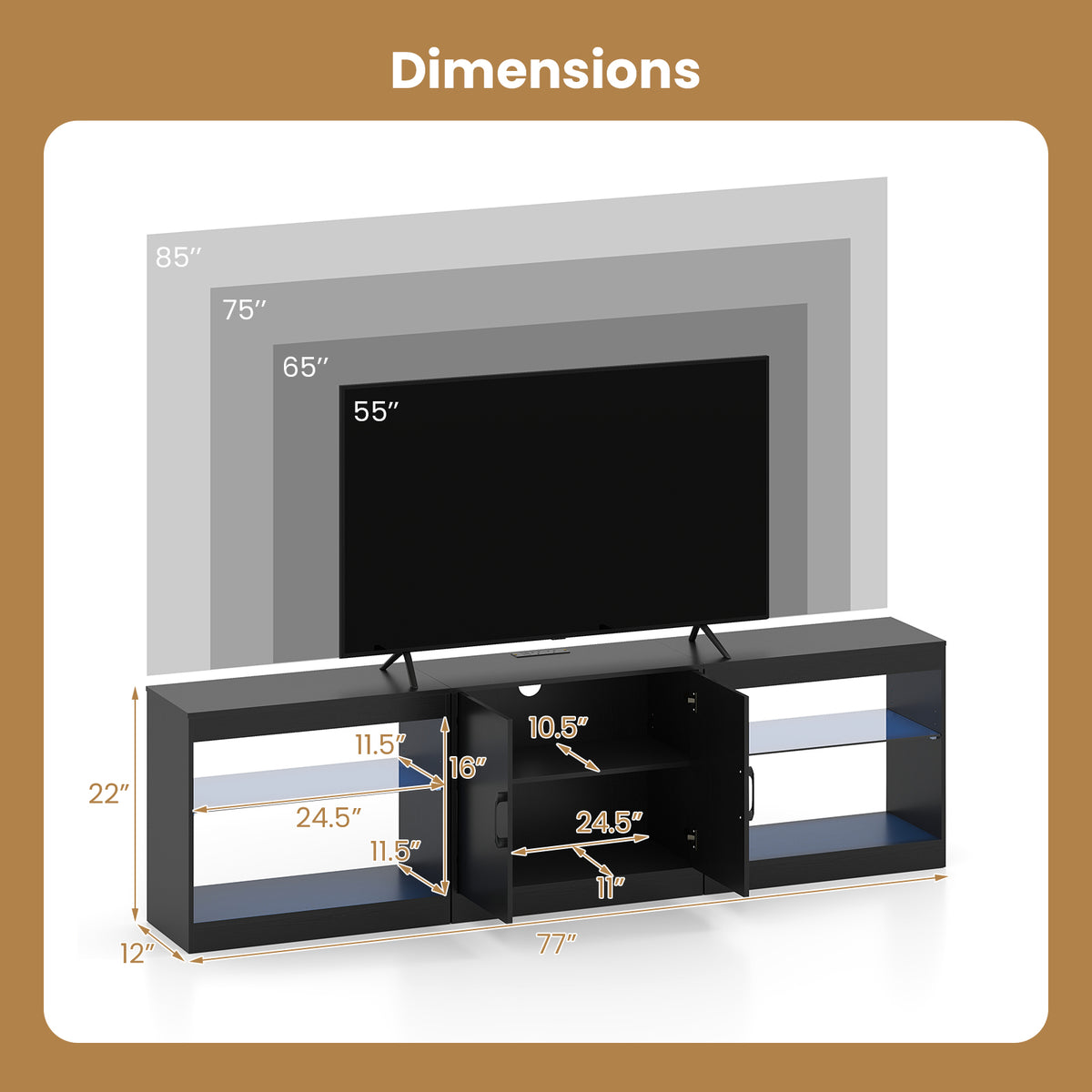 Black TV Stand for TVs up to 85" with RGB LED & Power Outlets-Entertainment Centers & TV Stands-DECOROLALA