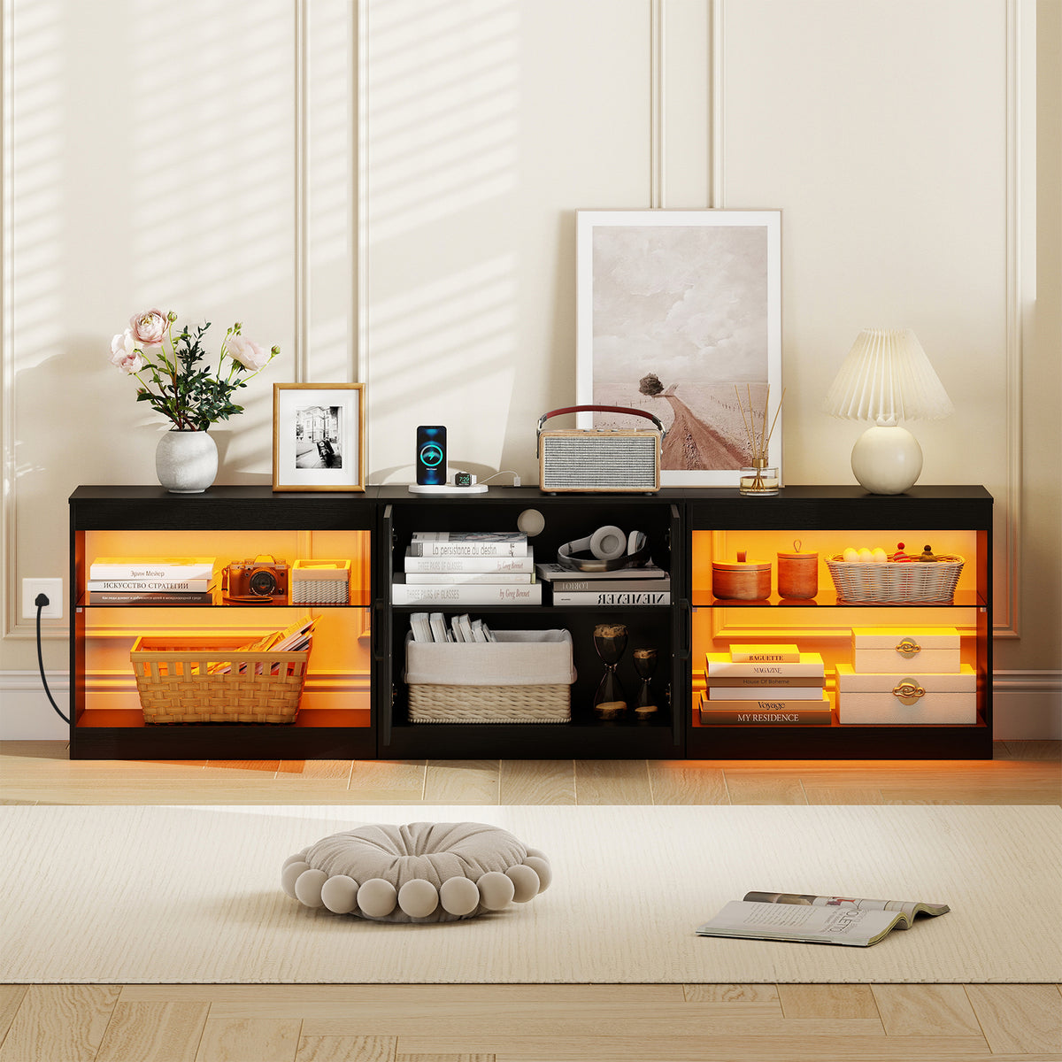 Black TV Stand for TVs up to 85" with RGB LED & Power Outlets-Entertainment Centers & TV Stands-DECOROLALA