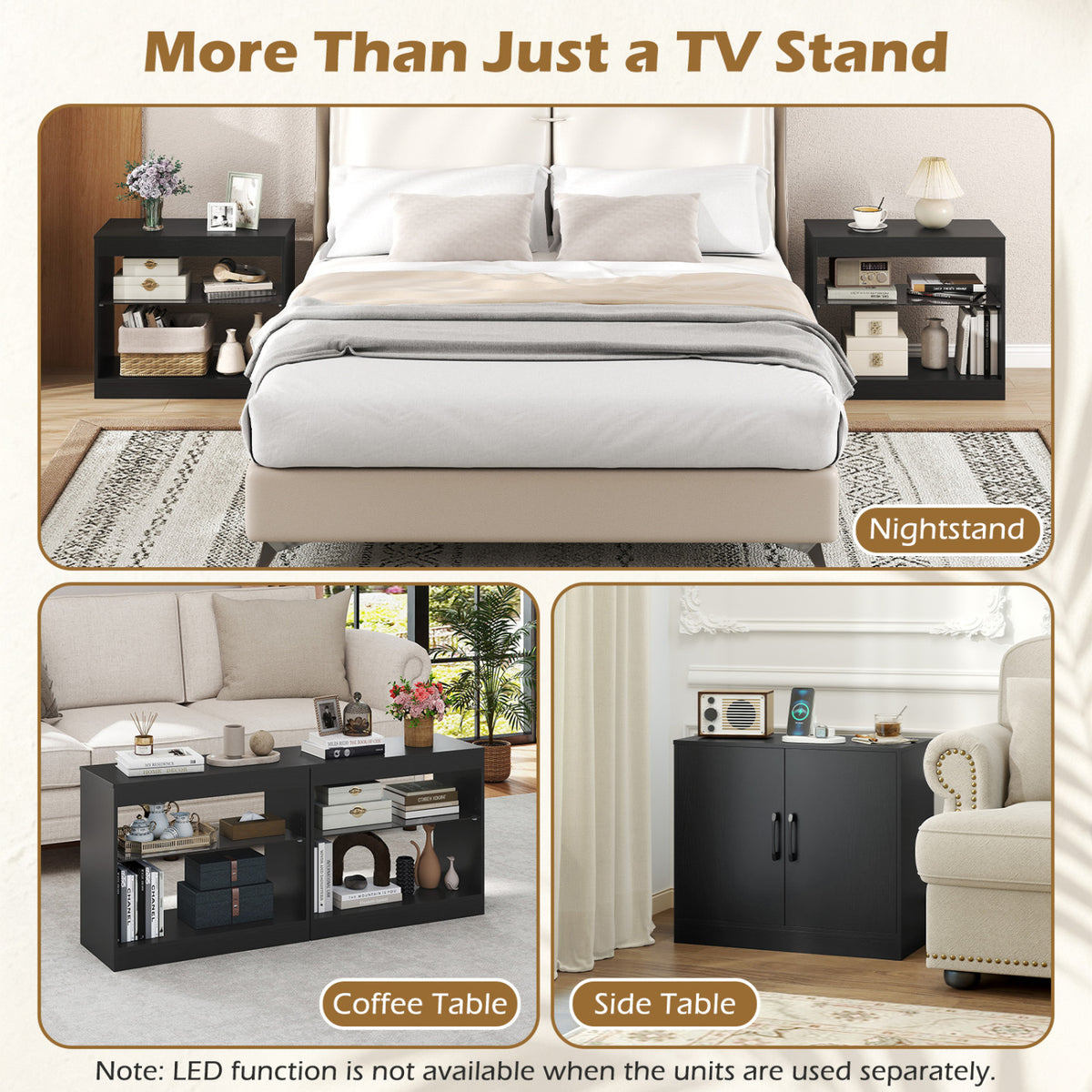 Black TV Stand for TVs up to 85" with RGB LED & Power Outlets-Entertainment Centers & TV Stands-DECOROLALA