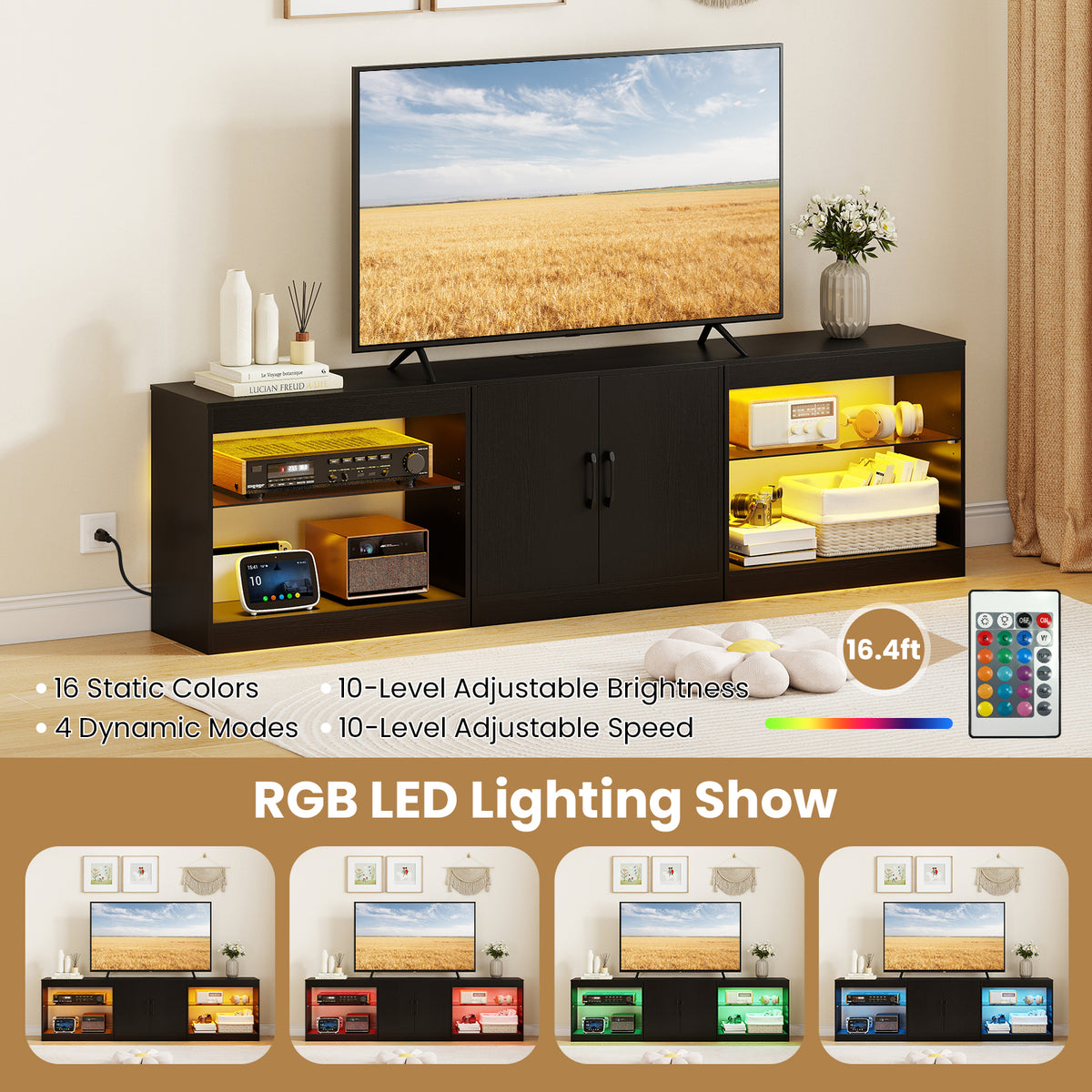 Black TV Stand for TVs up to 85" with RGB LED & Power Outlets-Entertainment Centers & TV Stands-DECOROLALA