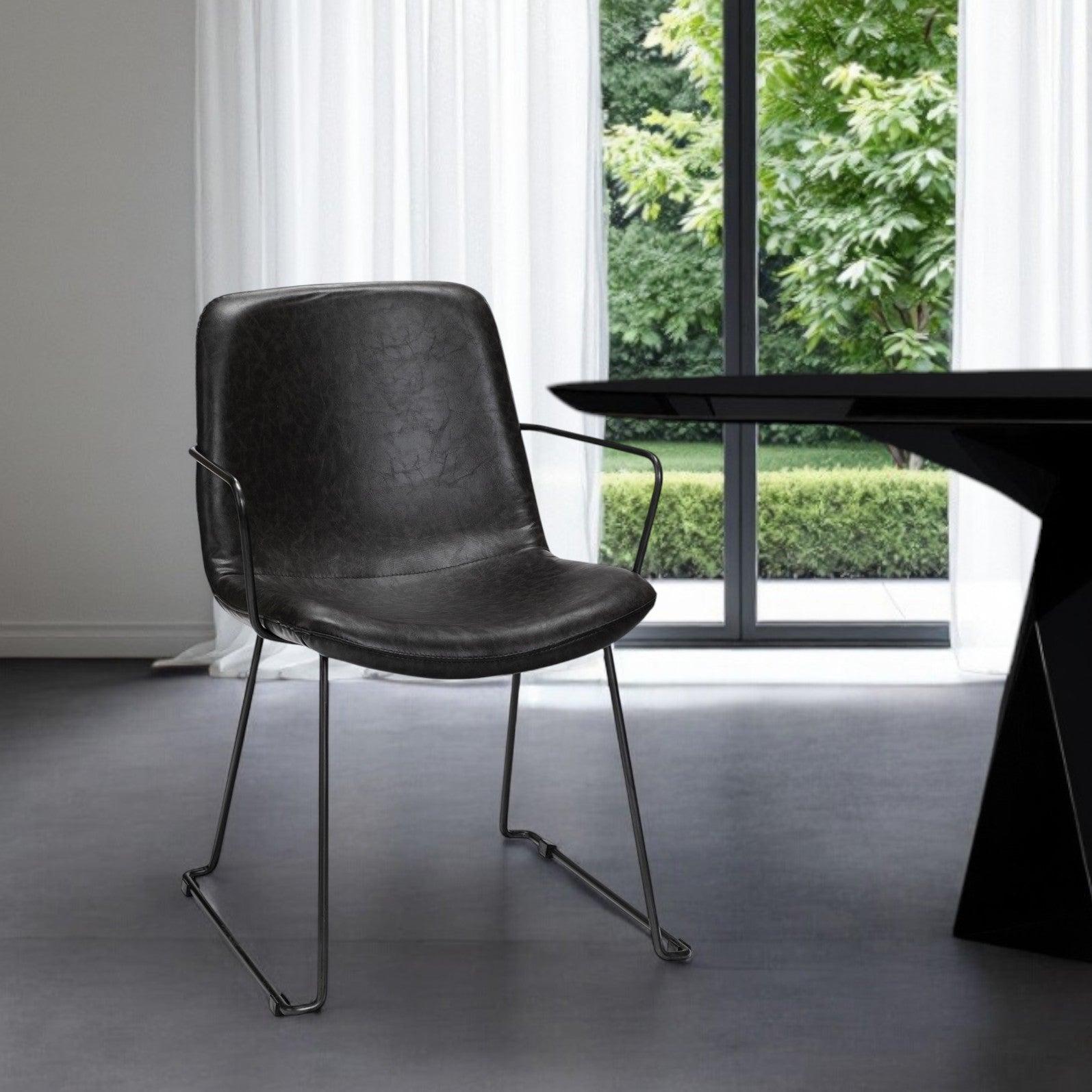 Black Upholstered Faux Leather Dining Arm Chair-Dining Chairs-DECOROLALA