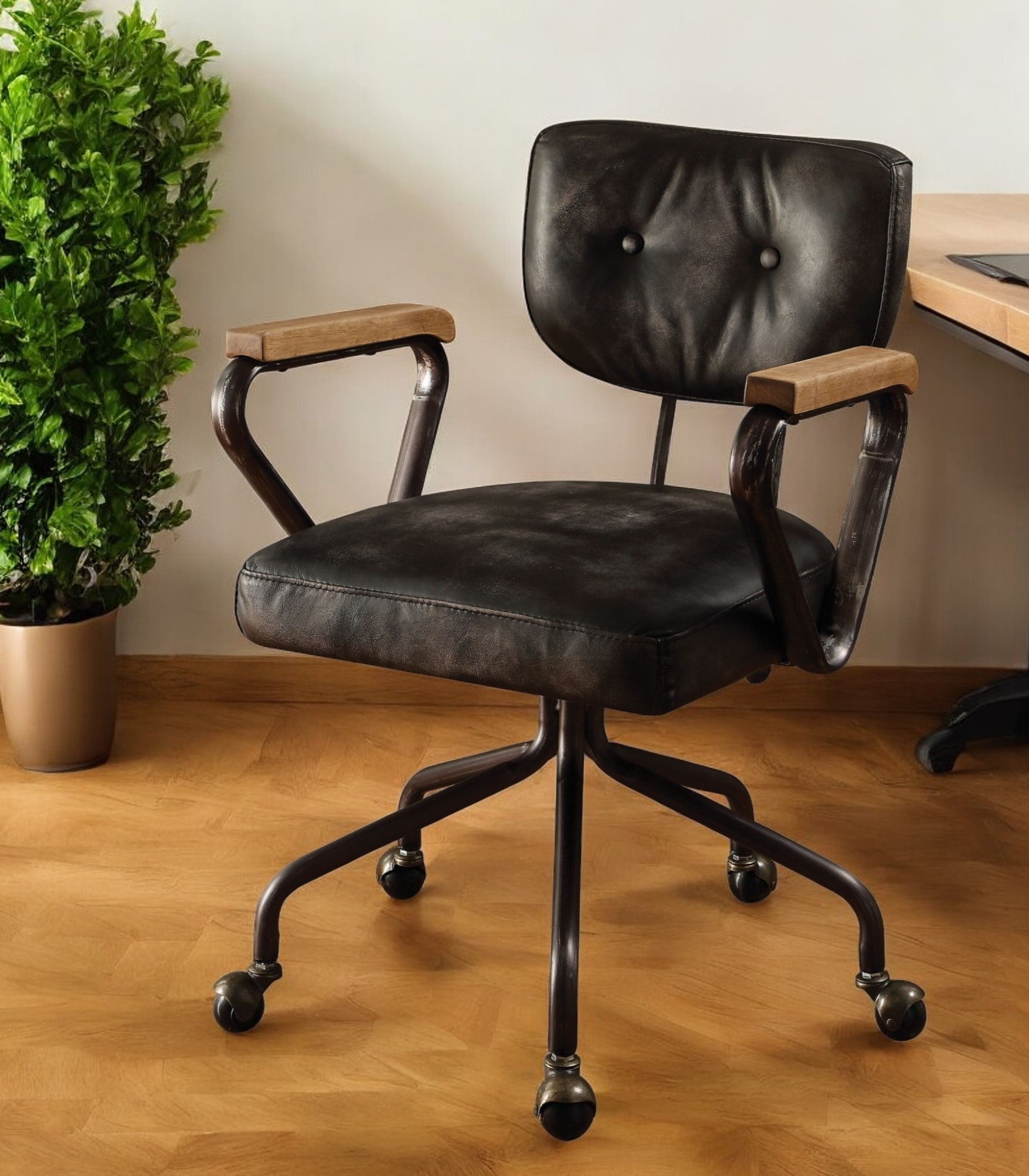 Black and Dark Brown Adjustable Swivel Leather Rolling Executive Office Chair-Office Chairs-DECOROLALA