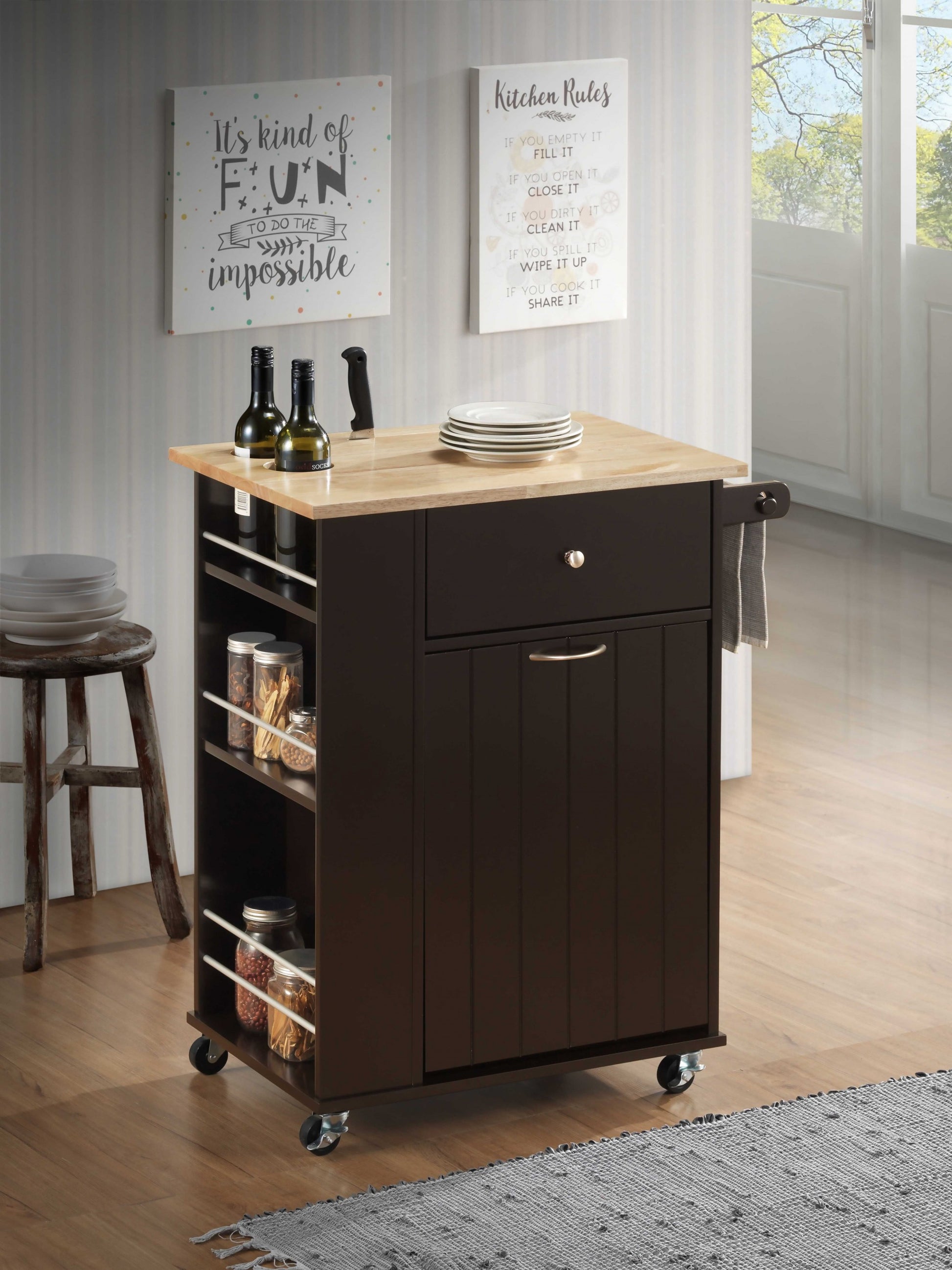 Black and Natural 29" Rolling Kitchen Cart With Storage-Kitchen Carts-Islands-DECOROLALA