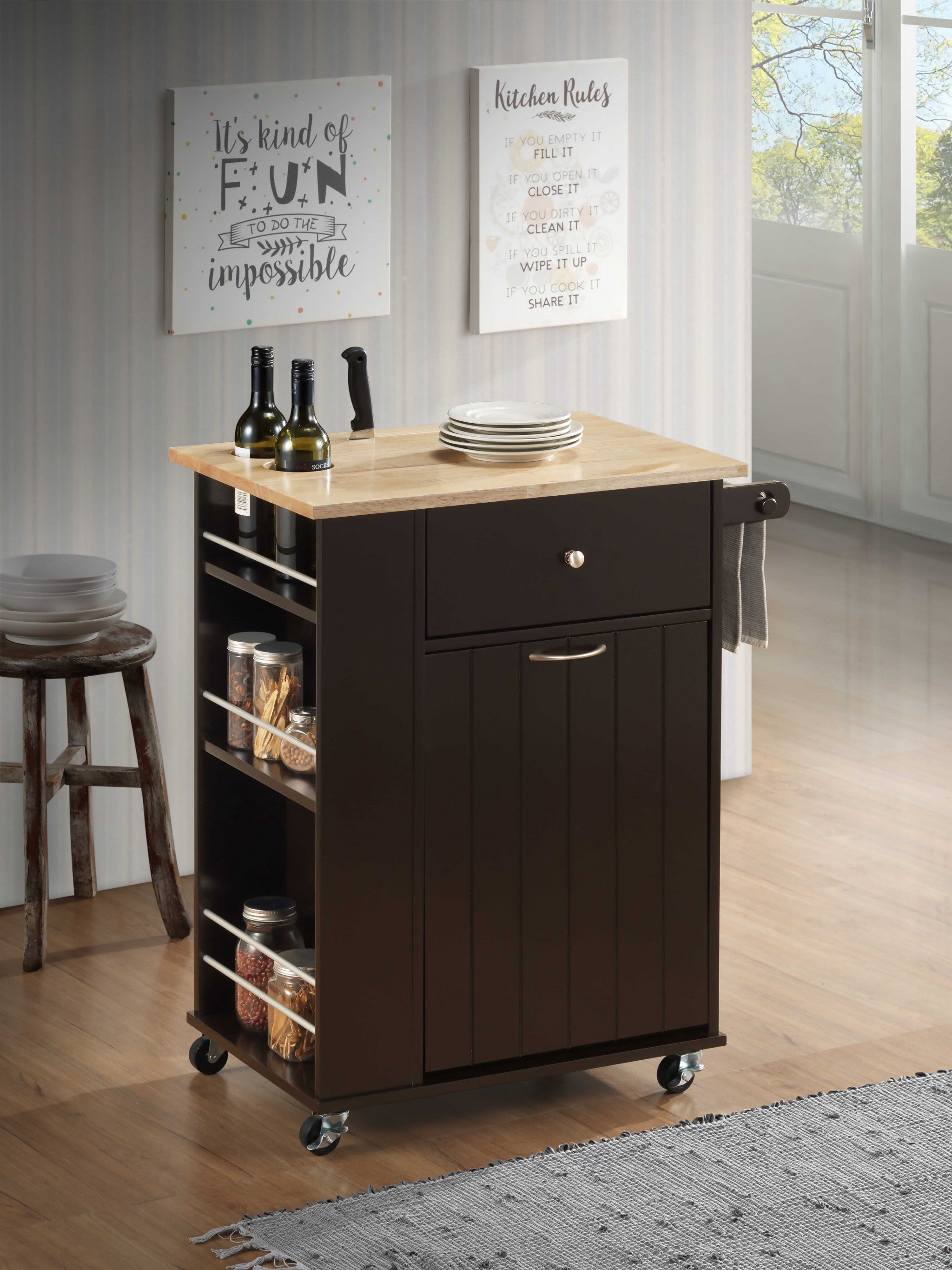 Black and Natural 29" Rolling Kitchen Cart With Storage-Kitchen Carts-Islands-DECOROLALA