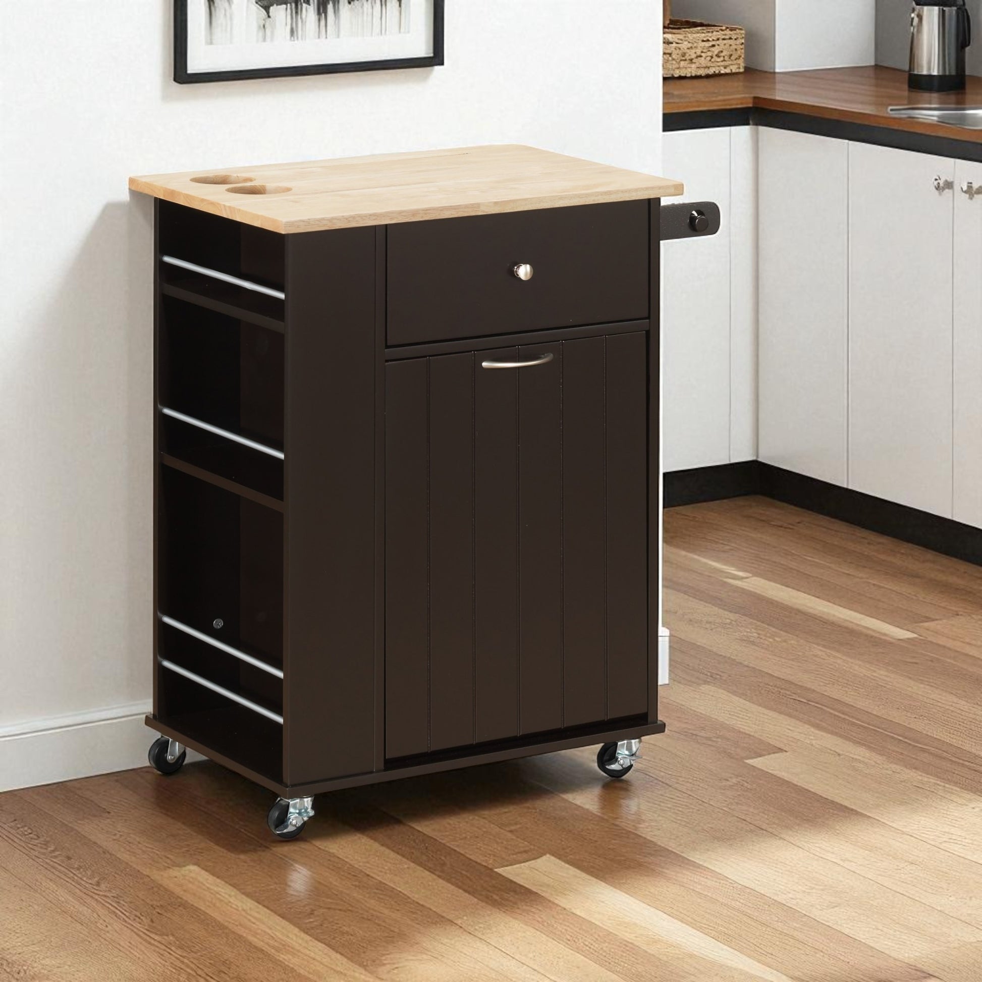 Black and Natural 29" Rolling Kitchen Cart With Storage-Kitchen Carts-Islands-DECOROLALA
