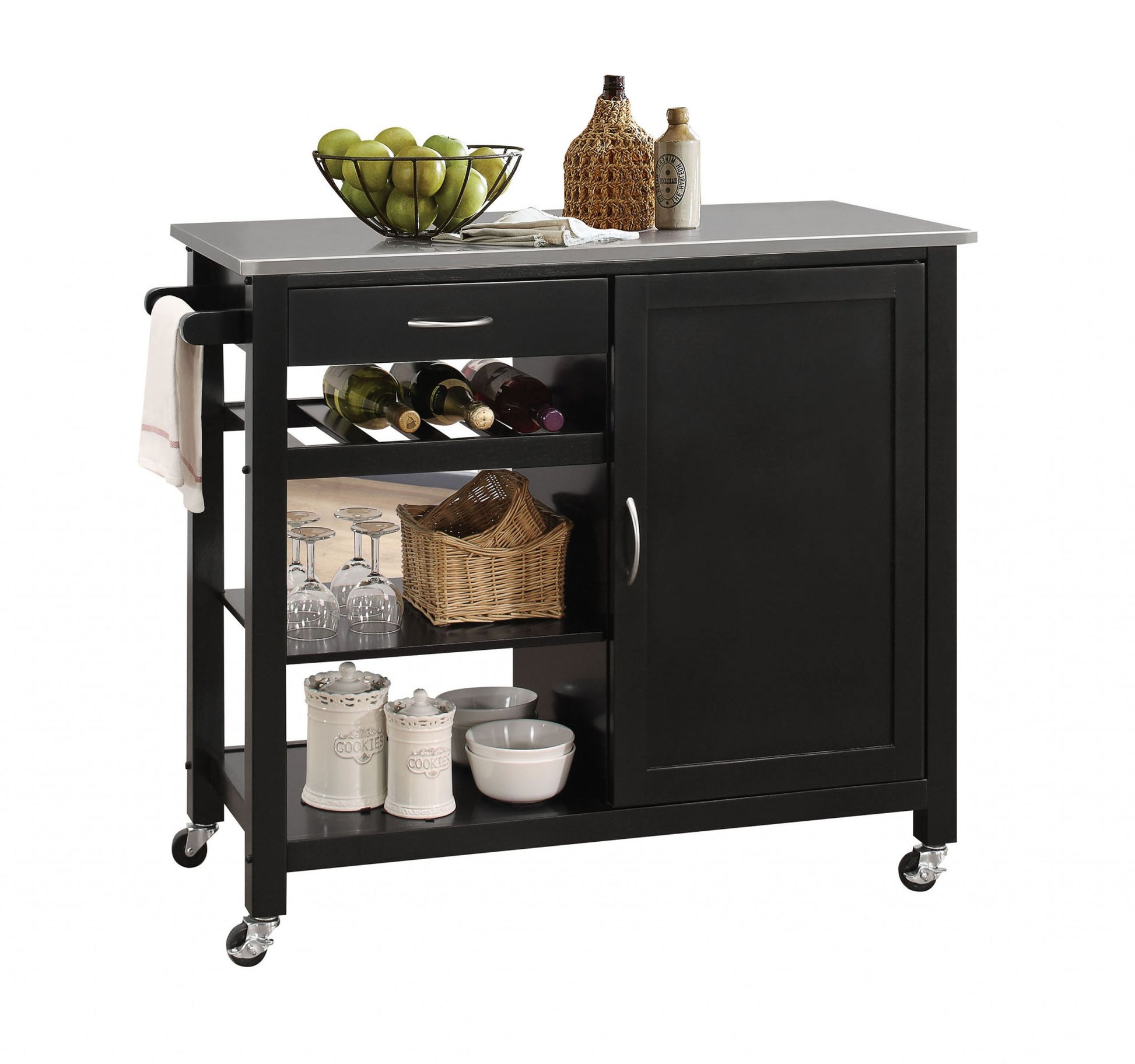 Black and Silver 42" Rolling Kitchen Island With Storage-Kitchen Carts-Islands-DECOROLALA