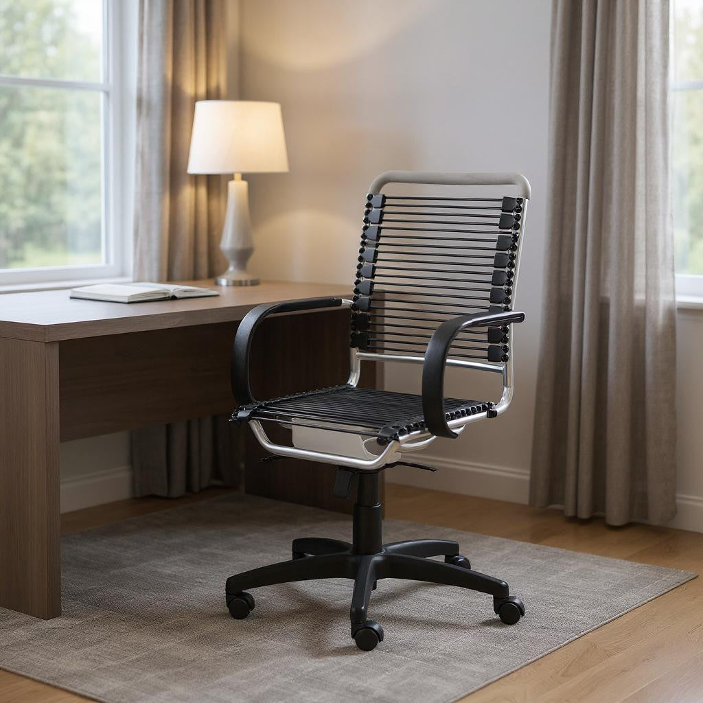 Black and Silver Adjustable Swivel Bungee Rolling Office Chair-Office Chairs-DECOROLALA