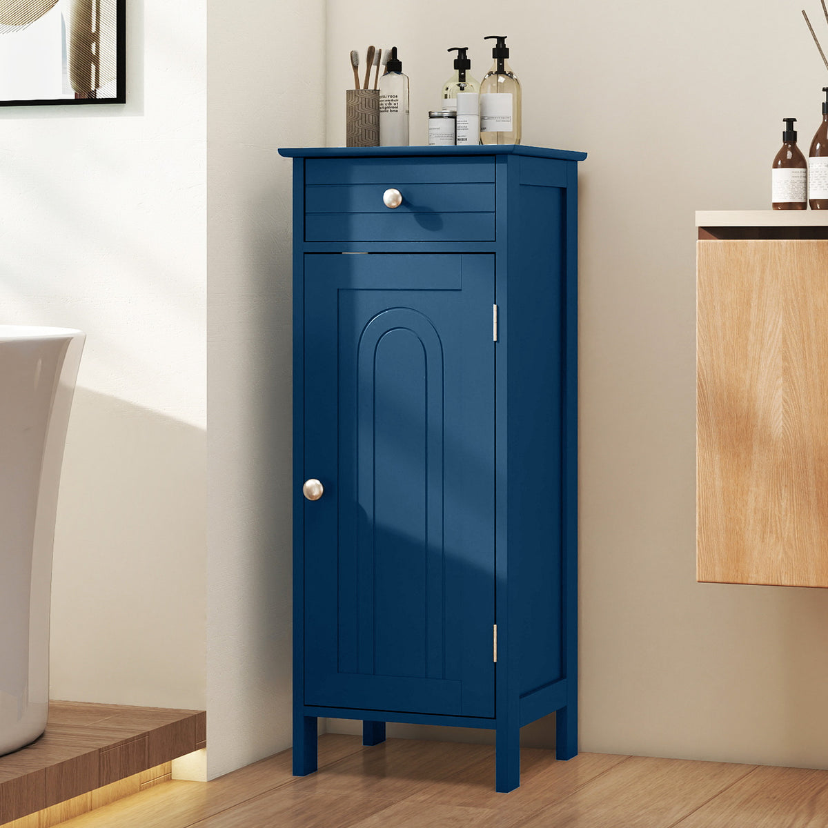 Blue Wooden Bathroom Floor Cabinet with Drawer - 14" x 12" x 34.5"-Floor Cabinets-DECOROLALA