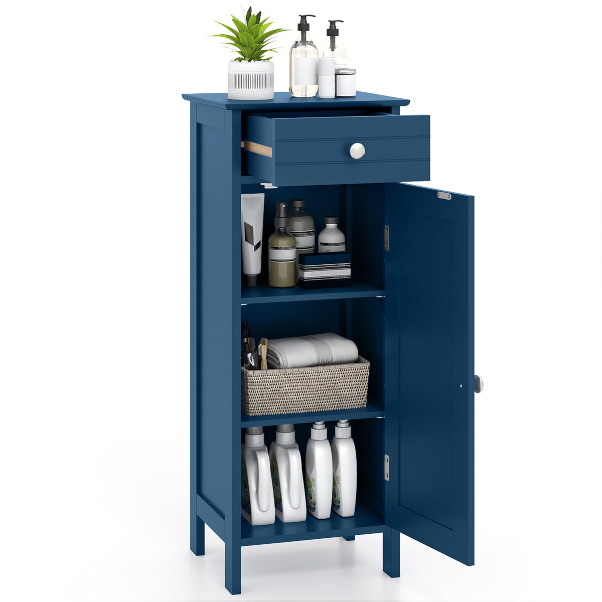 Blue Wooden Bathroom Floor Cabinet with Drawer - 14" x 12" x 34.5"-Floor Cabinets-DECOROLALA