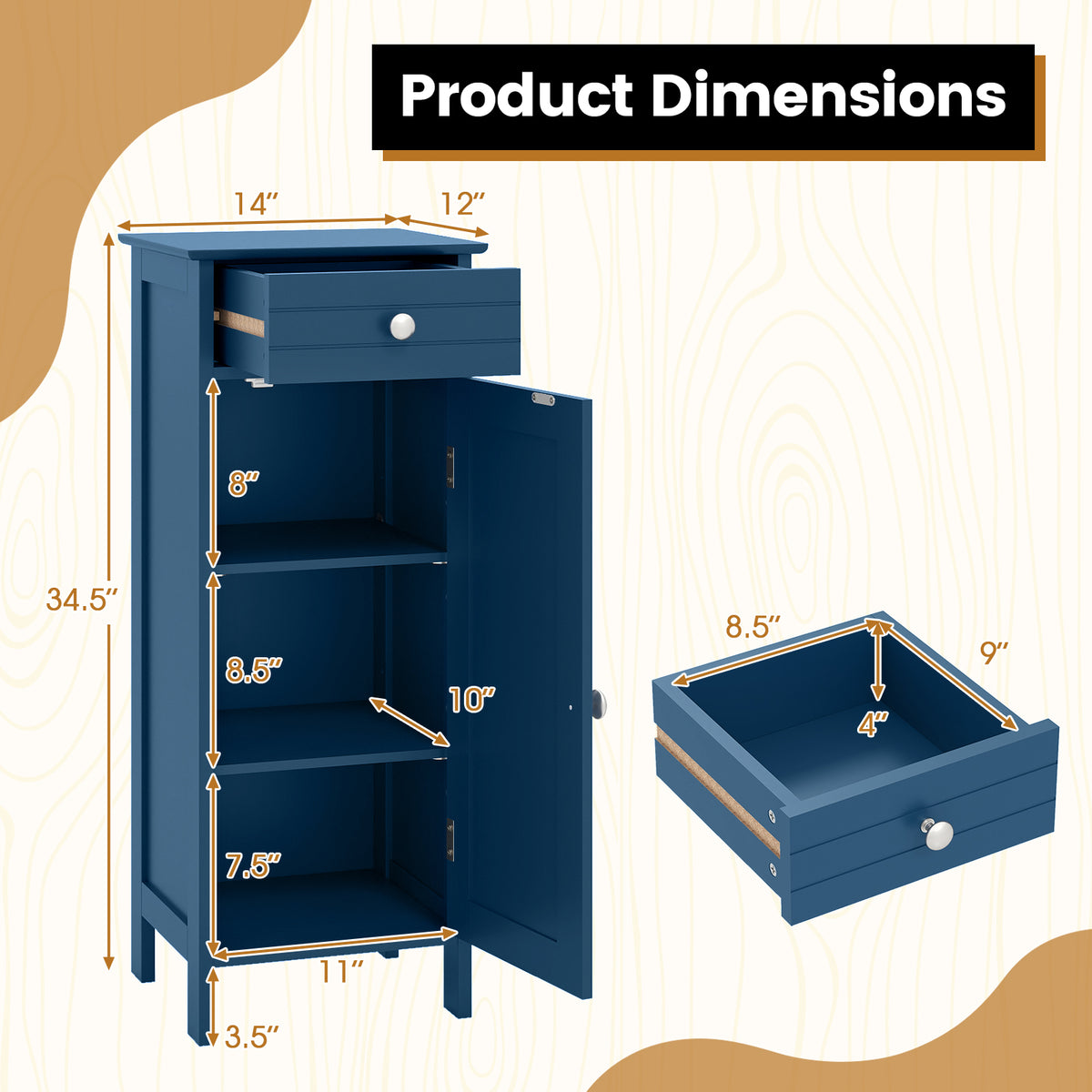 Blue Wooden Bathroom Floor Cabinet with Drawer - 14" x 12" x 34.5"-Floor Cabinets-DECOROLALA